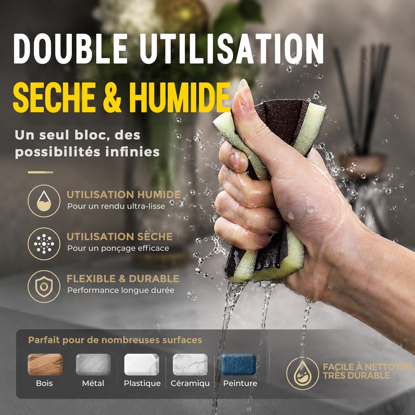 Éponge Abrasive Grain 120, Lot de 18, Tampons de Ponçage Souples et Flexibles pour Usage à Sec ou à l'eau, pour Éliminer Rayures et Saletés sur Murs en Plâtre, Bois et Métal