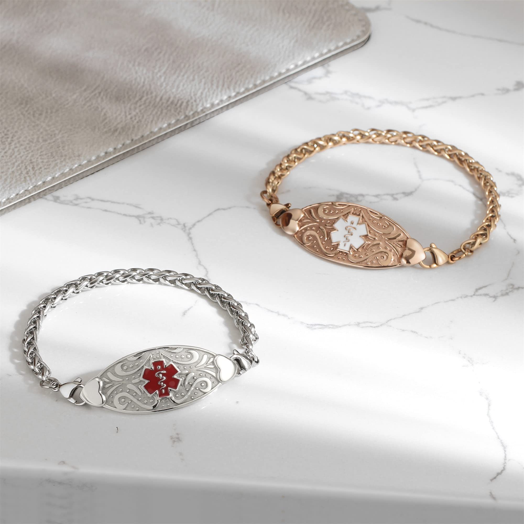 ASTERY Custom Medical Alert ID Bracelet for Women Free Engraving,Personalized Emergency Identification Bracelet Medical Alert ID Jewelry,6.0 to 8.5 Inches (7.5, Silver color style with red symbol)