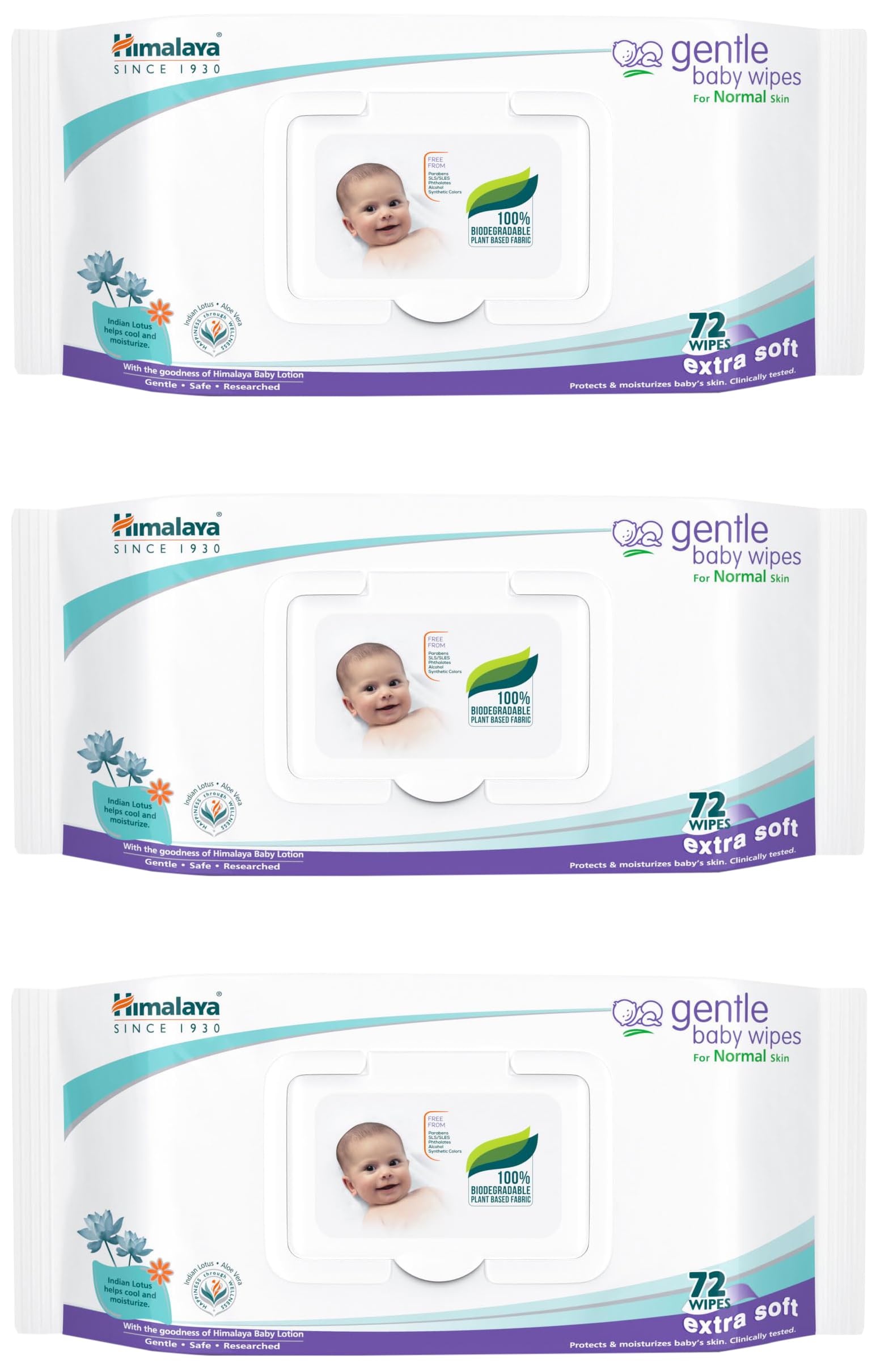 Himalaya Gentle Baby Wipes With Indian Lotus & Aloe Vera, 72 Wipes | Plant Based Fabric | 100% Biodegradable | Skin Friendly pH | Clinically Tested (Pack of 3)