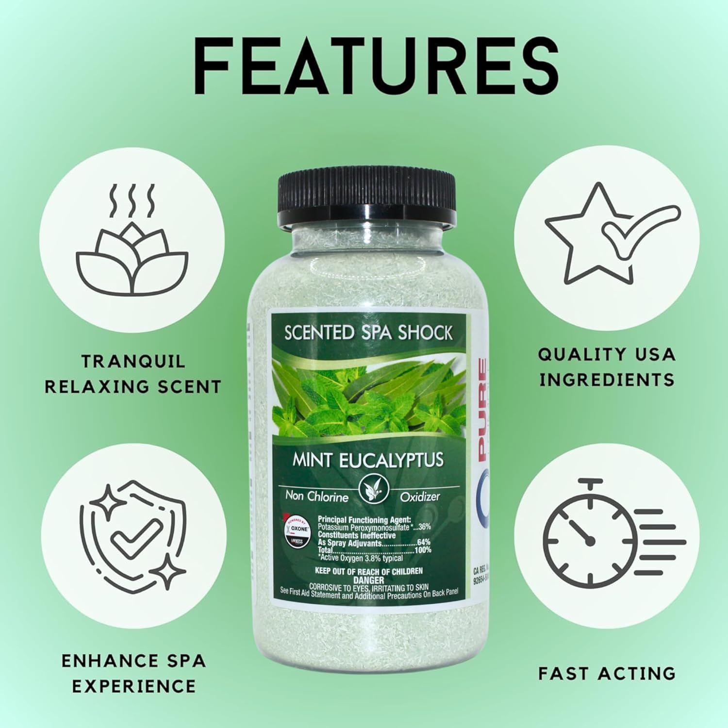 Eucalyptus Scented Spa Shock- Non-Chlorine Shock for Any Spa or Hot Tub-Use with Bromine Tablets or Spa Chlorine. Fragrance Infused Oxygen Crystals Treat Water and Oxidize Chemical Odors