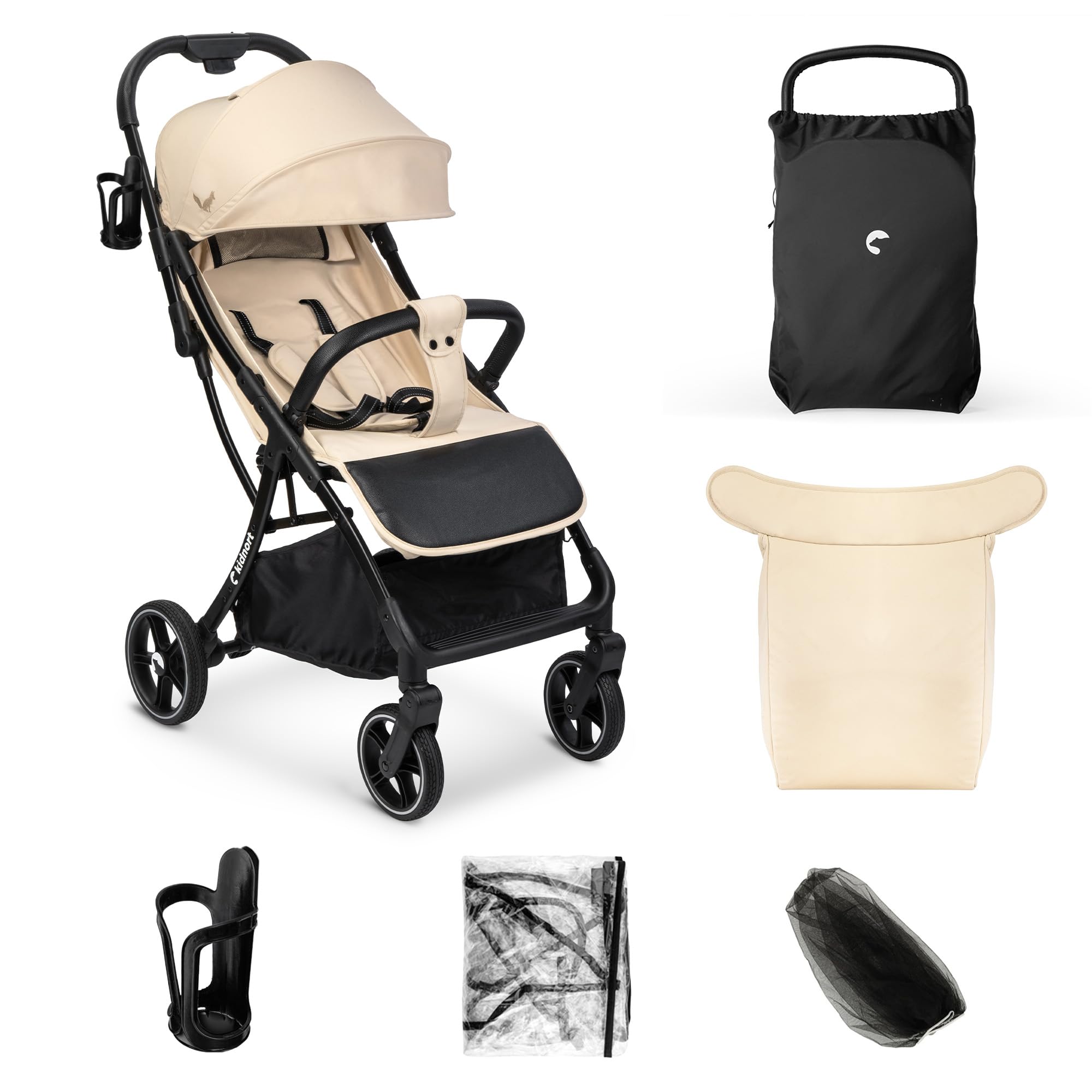Fjällräv Passeggino Compatto Leggero Pieghevole con Chiusura a Una Mano Schienale Reclinabile Poggiapiedi Regolabile Cinture a 5 Punti Ruote Ammortizzate fino a 22 kg beige