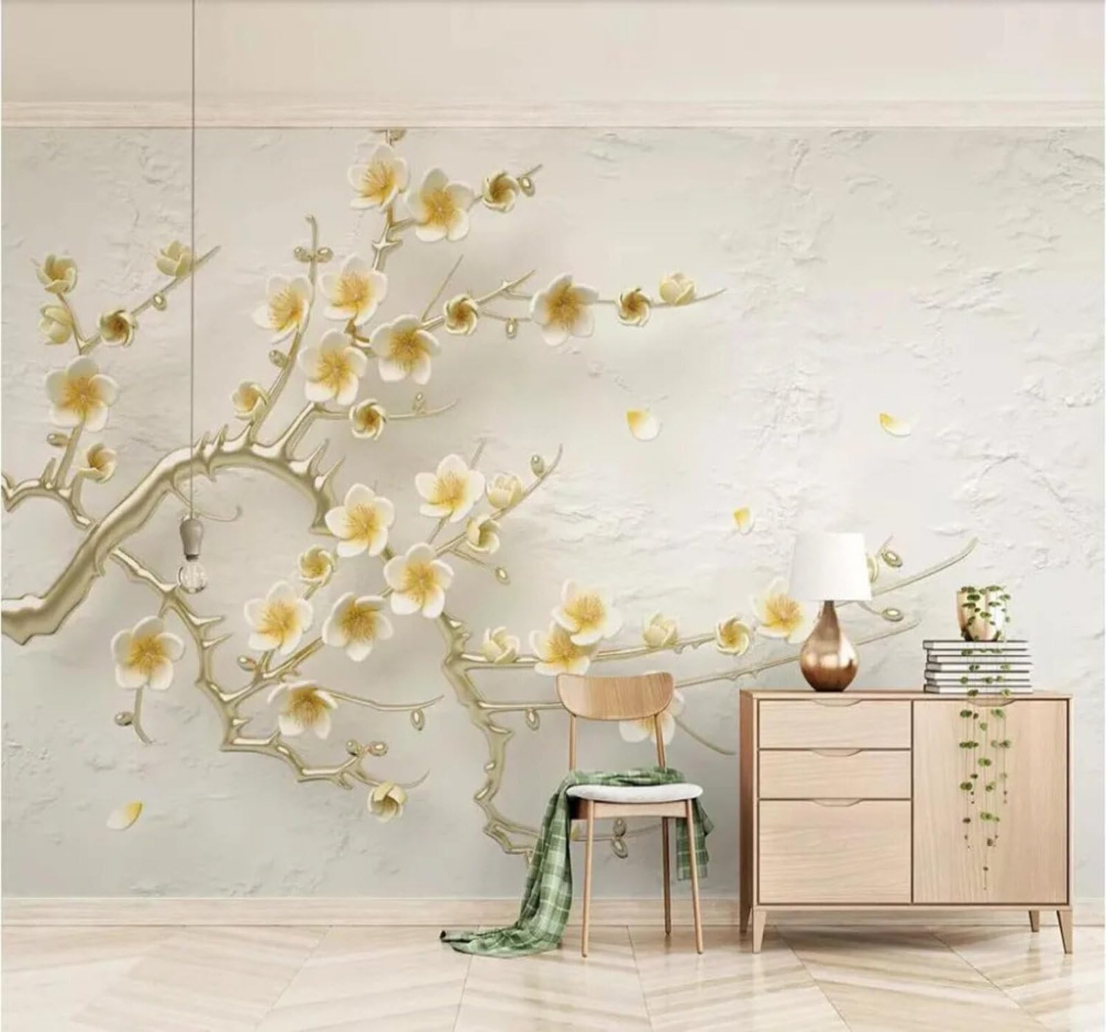 Xlming 250Cm×170Cm(B×H) Minimalist Three Dimensional Yellow Flowers Branches 3D Wallpaper Premium Textured Silk Study Dining Living Room Bedroom Sofa Tv Wall Easy Install-250Cm×170Cm