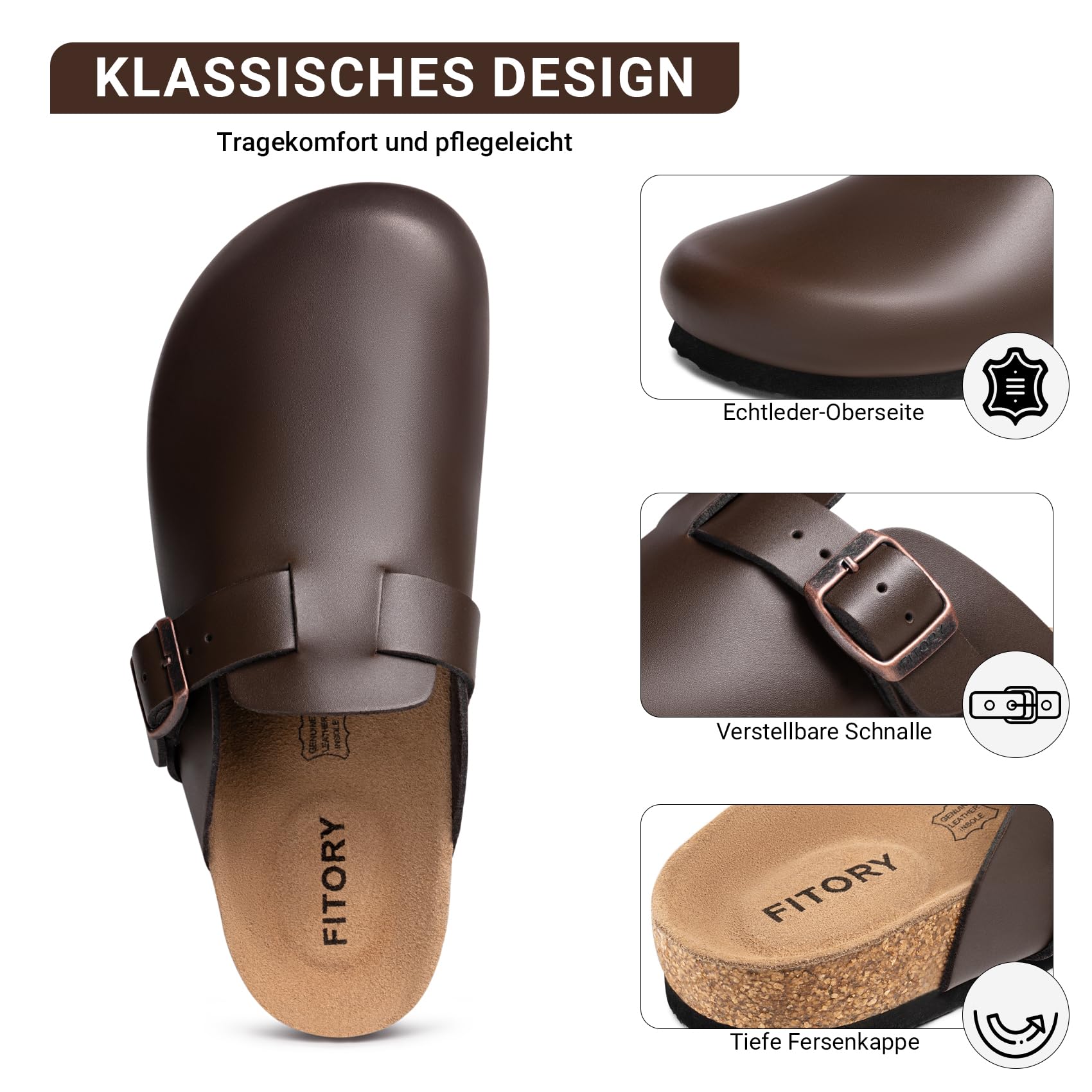 FITORY Herren Leder Clogs mit Fußgewölbeunterstützung, Comfort Slip auf Mules Kork Fußbett Kartoffelschuhe, Größe 40-47