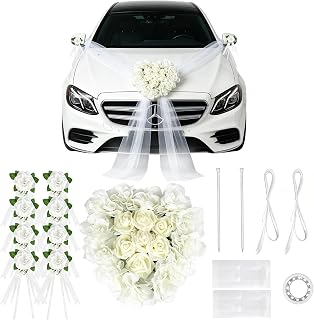 Autoschmuck Hochzeit Set Weiß, Hochzeitsauto Dekoration Motorhaube mit Herzgirlande & Rosenblüten, Auto Hochzeitsdeko mit Saugnäpfen, inklusive Türgriffschmuck & Tüllband