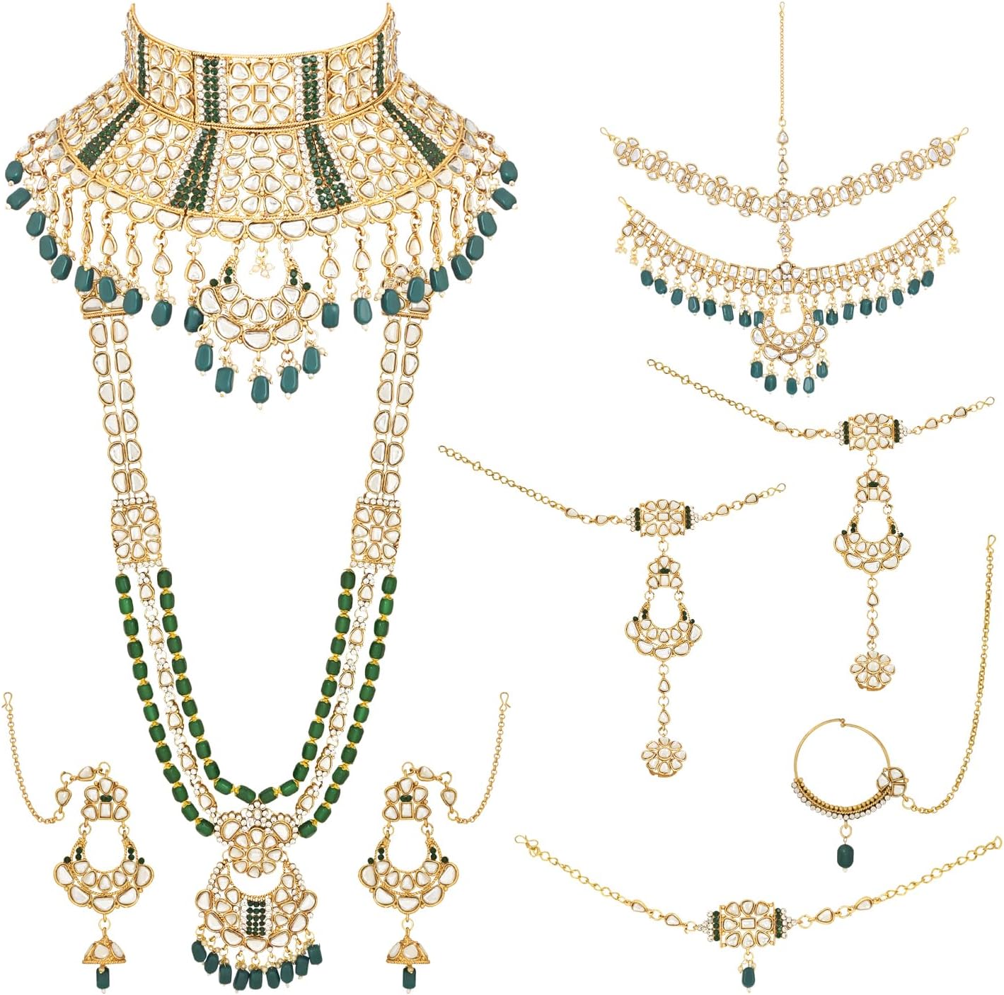 I Jewels Wedding Collection Traditional Ethnic Gold Plated Pearl & Kundan Stone Work Bridal Jewellery Set For Women (Green) (BLP035G), Free Size, No Gemstone