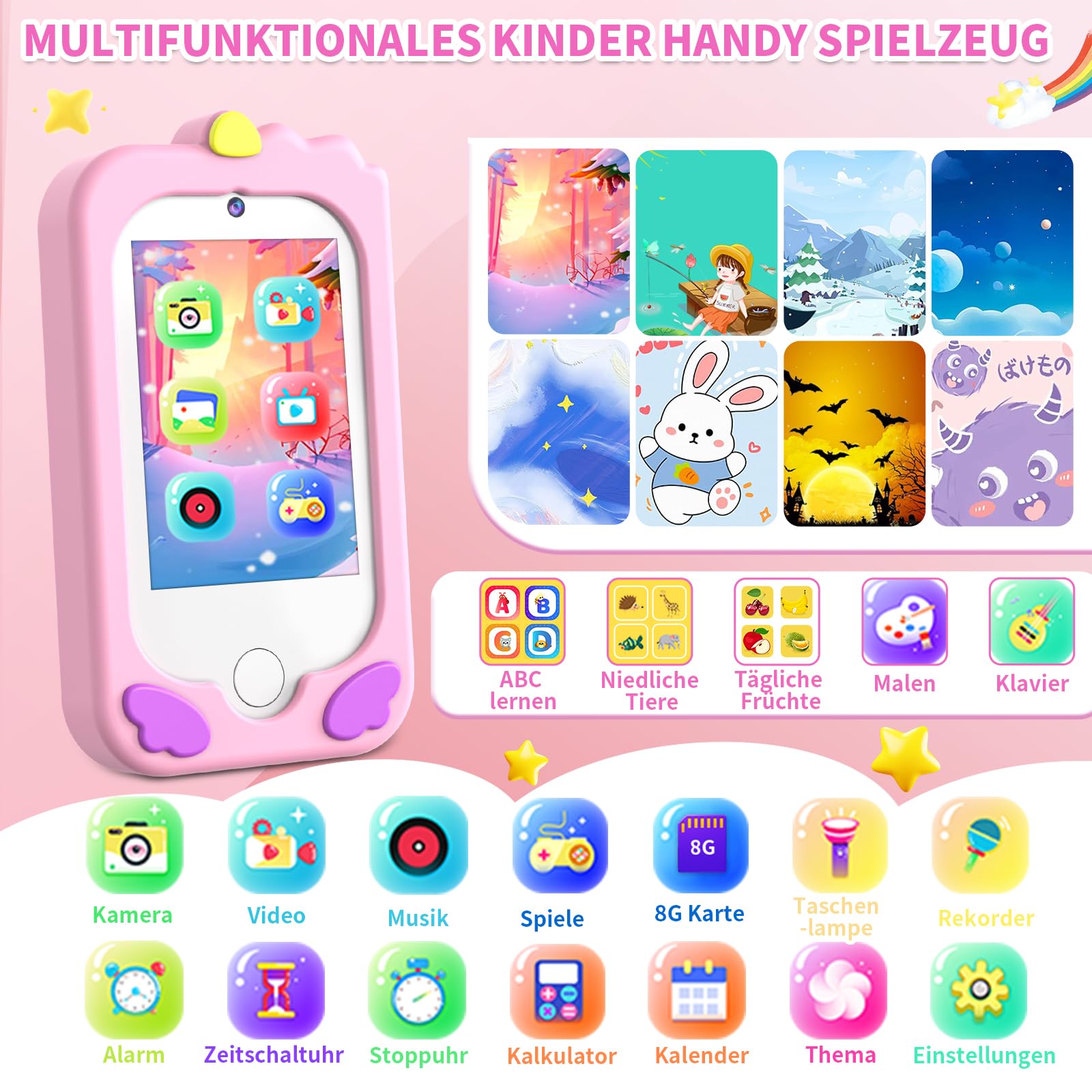 Kinderhandy Spielzeug mit Dual Kamera Kinderkamera 2.8 Inch Touchscreen Lerntelefon Lernspielzeug mit SD Karte Jungen Mädchen 3 4 5 6 7 8 9 Jahre Geburtstags Geschenke
