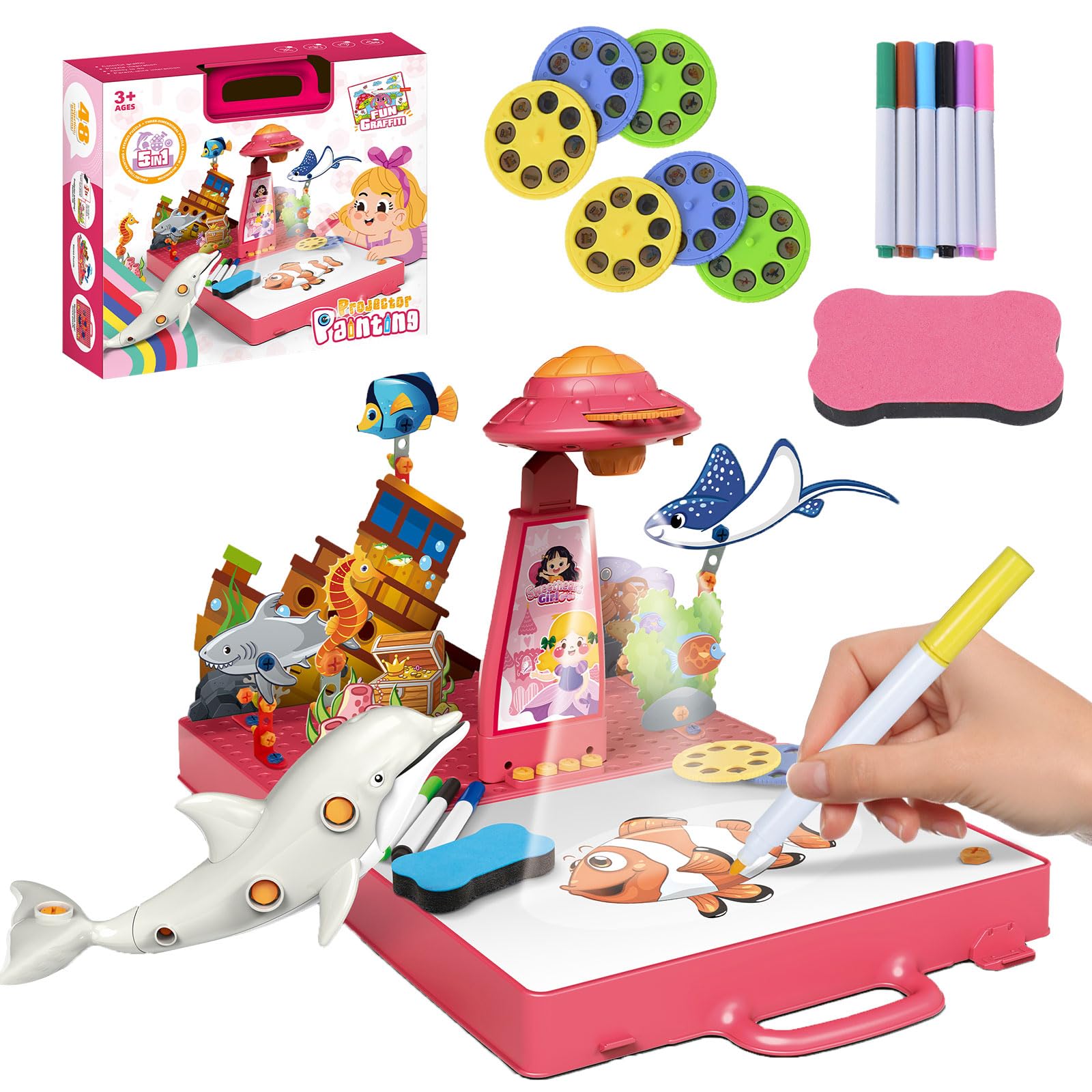 AYAMAYA Drawing Projector for Kids, Art Projector for Tracing with 48 Cartoon Patters, 6 Color Pens, 4 Doodle Board, Stered Puzzle Cards for Boys Girls 3-8 Years Old Learn to Draw and Sketch (Pink)