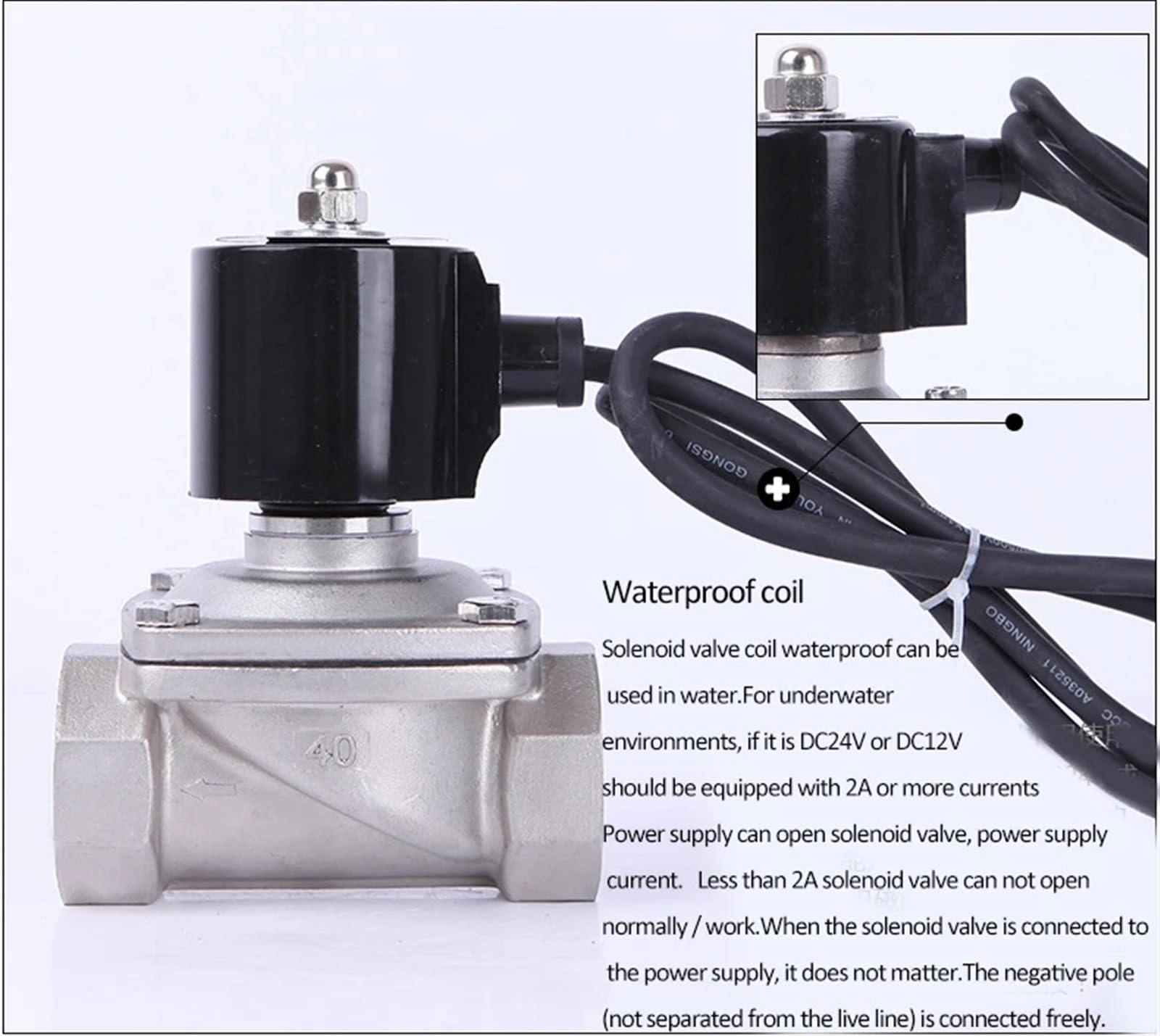 Elettrovalvola subacquea normalmente chiusa in acciaio inossidabile da 3/4 pollici, elettrovalvola IP68, 220 V, 12 V, 24 V, 1 pezzo(G_12VDC)