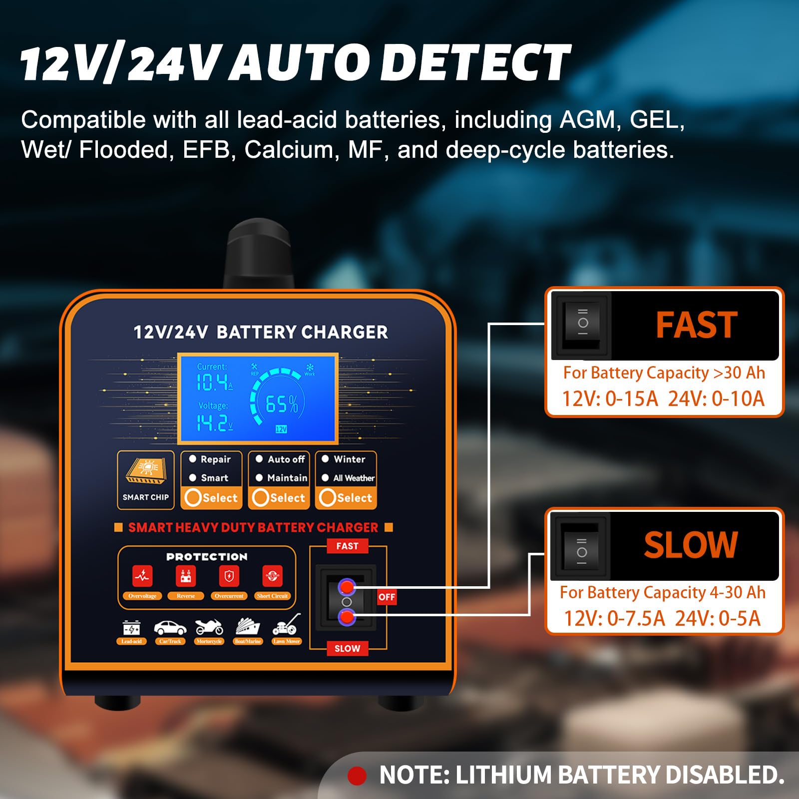 20A Cargador de Baterías Metal 12V/24V Profesional Mantenedor Automático, Cargador Inteligente con Apagado Automático, Reparación, Modo Invierno para Coche Camión Moto (Plomo, AGM, Gel, etc)