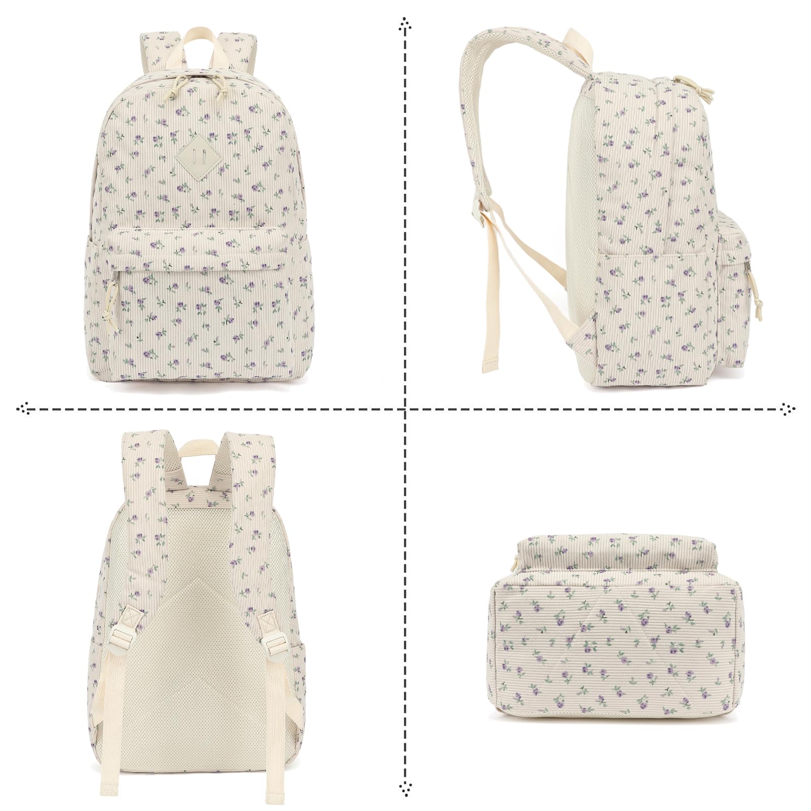 Corduroy Mädchen-Rucksack-Set, 3-teilig, Schulrucksäcke für Kinder, Grundschultaschen mit Lunchbox, Federmäppchen, Beigefarbener Kordsamt, Blumenmuster, Violett, 12.2"L x 6.7"W x 16.9"H