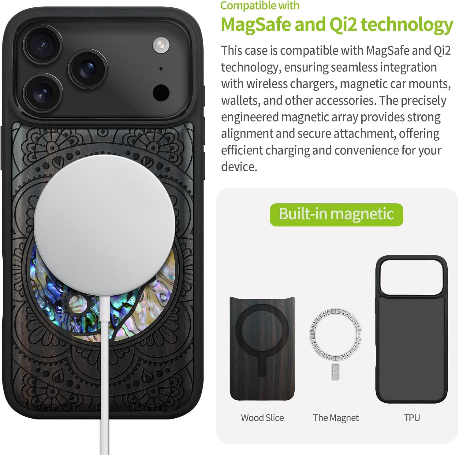 Carveit Magnetic Case for iPhone 17 Pro Max Case, Wood Artisan Engraved & Handmade Shell Inlaid, TPU Shockproof Cover, Compatible with MagSafe Wireless Chargers (Shell Yin Yang Wolf-Blackwood)