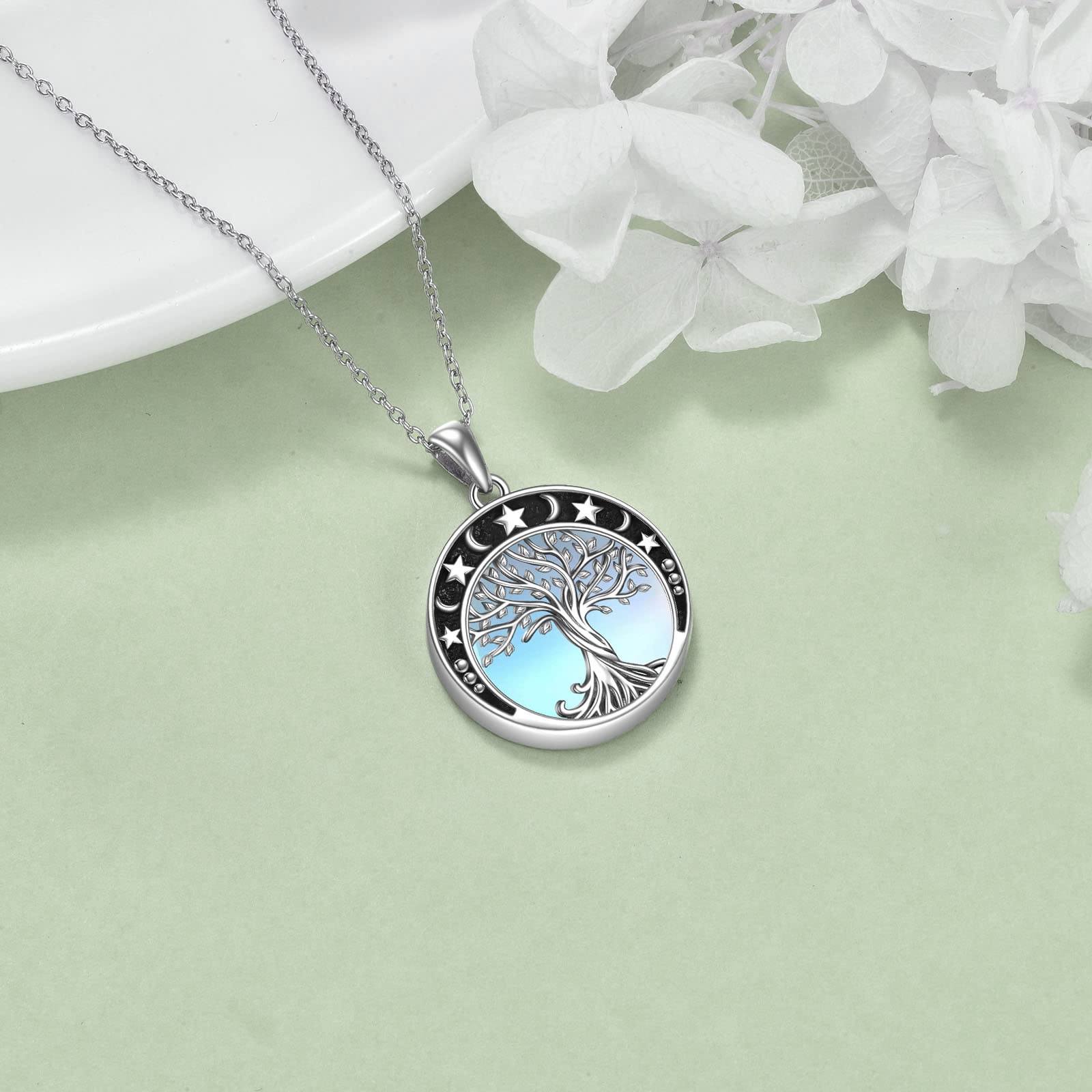 YAFEINI Collar del árbol de la Vida 925 plata Esterlina Piedra Lunar Celta Irlandesa Nudo Lunar Collar Colgante Joyería Regalo