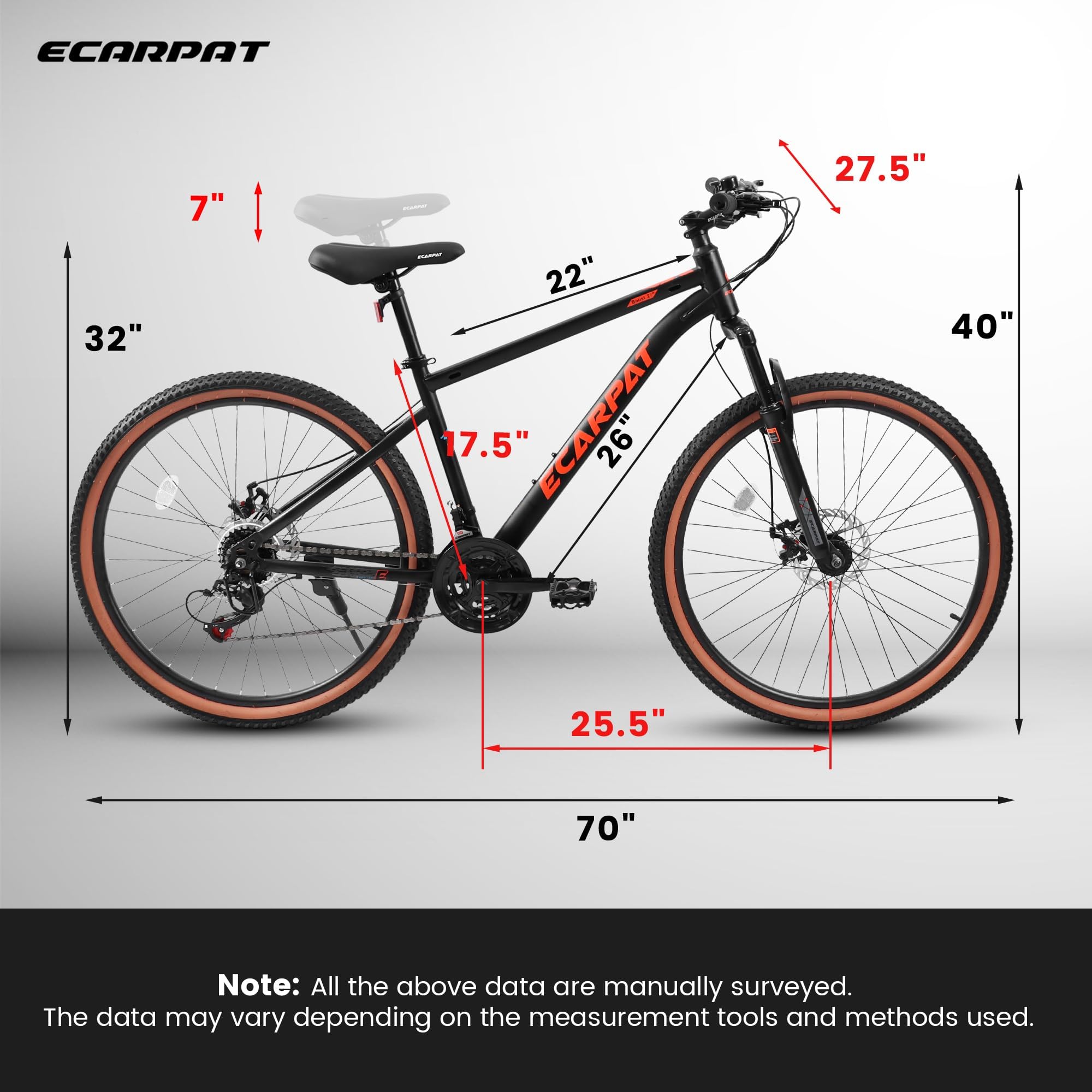 27.5-inch Mountain Bike, 21-Speed Men’s and Women’s Commuter Urban Mountain Bike, High-Carbon Steel Frame, Double Disc Brake Design, Front Fork Shock Absorption (Black+Red)