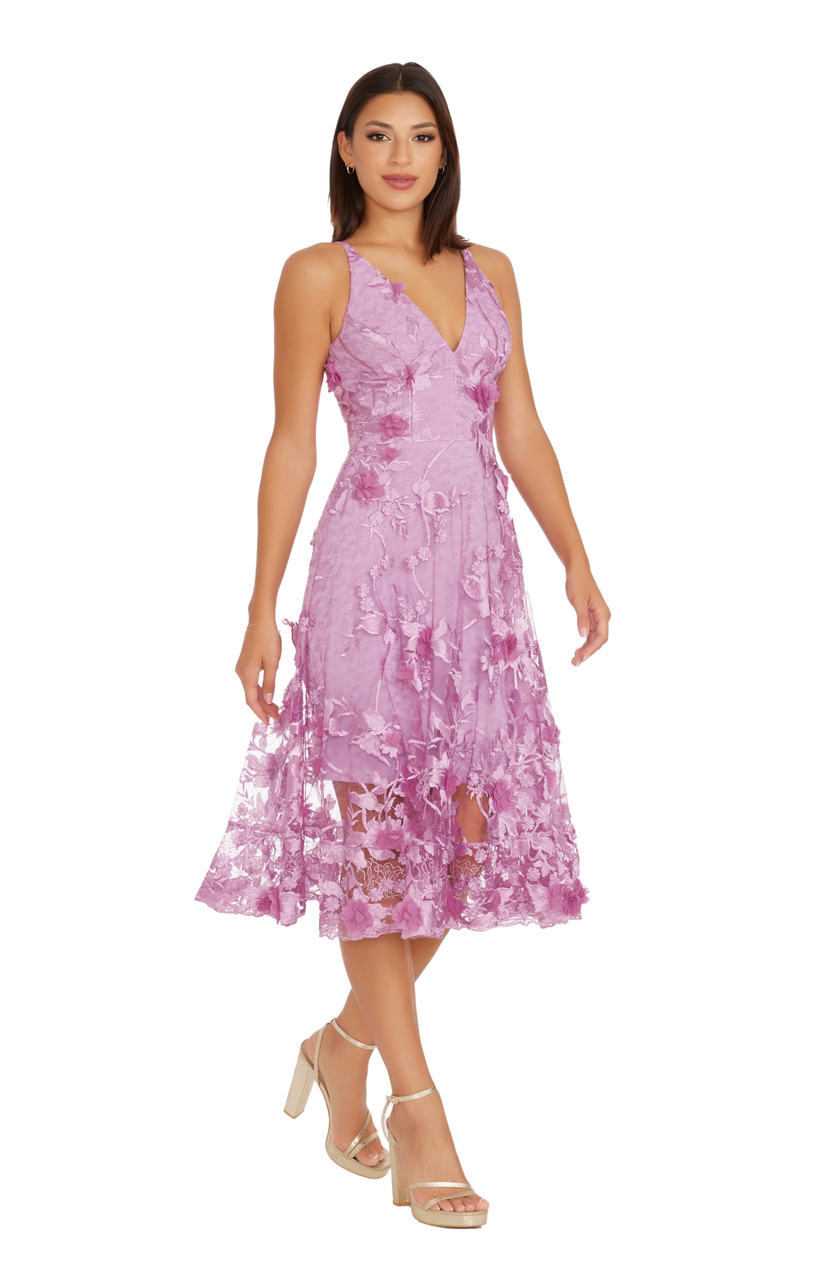 Dress The Population Womens Audrey Spaghetti Strap Midi A-line 3D Floral Dress: XX-Large Lavender