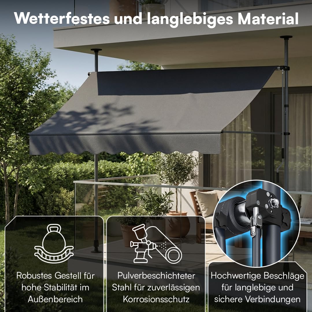 STEELSØN Dioran Klemmmarkise 300 cm breit – Markise Balkon ohne Bohren – Sonnenschutz UV50+ – Balkonmarkise zum Klemmen – Terrassenüberdachung wetterfest – Gartenmarkise höhenverstellbar in Anthrazit