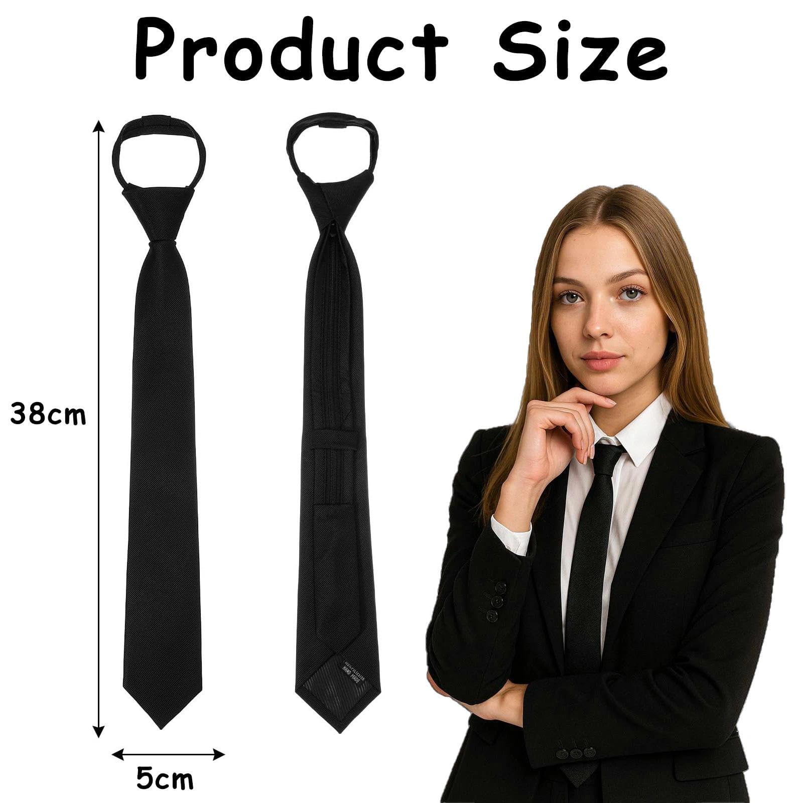 Corbata negra para mujer, corbatas preatadas de 38 cm, corbatas ajustables con cremallera, corbata de uniforme JK, para graduación y bodas de negocios