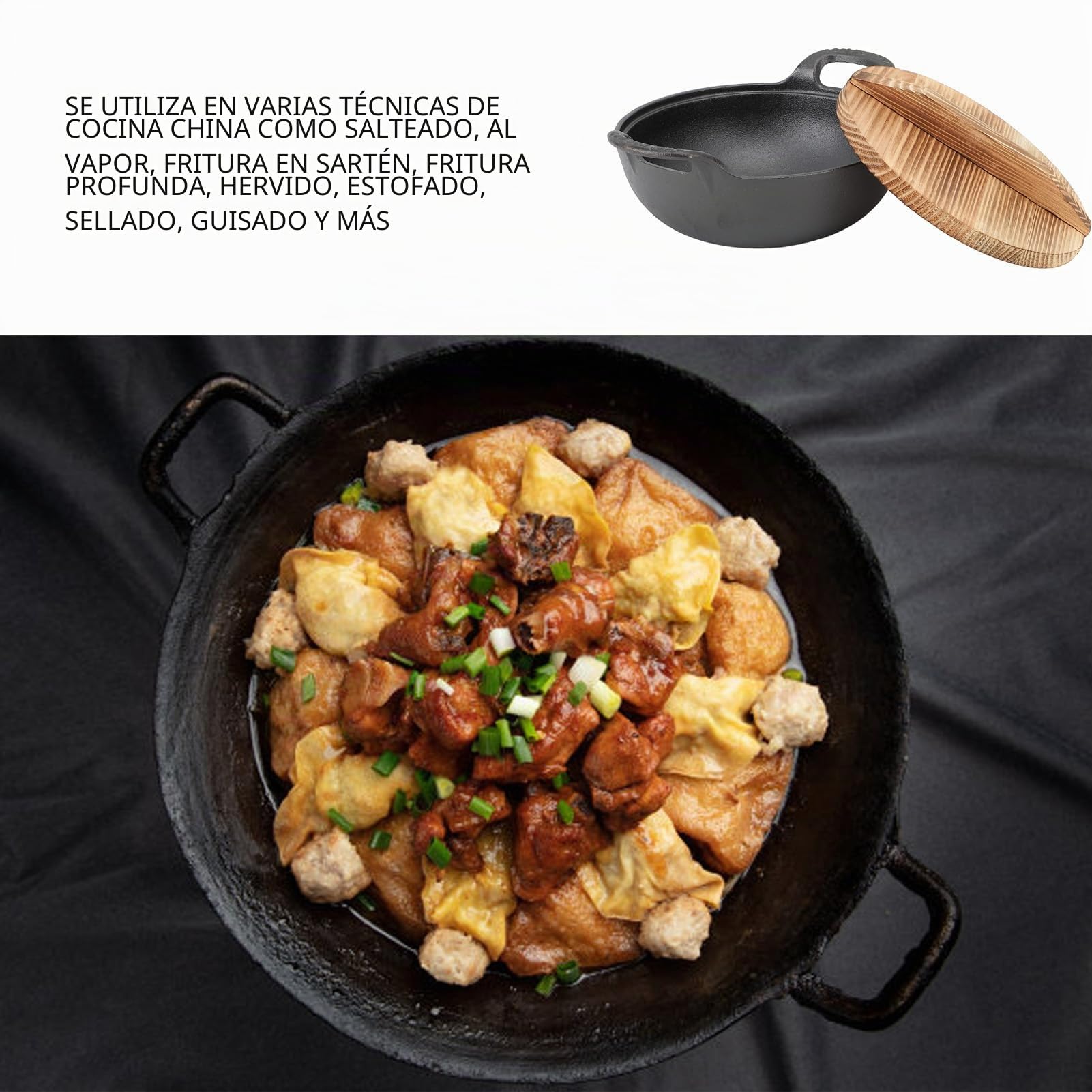 Wok de Hierro Fundido, Auténtica Comida Asiática, Alternativa de Acero Inoxidable, Tapa Incluida para Saltear y Más (20 centímetros)