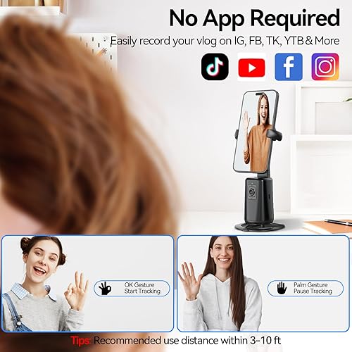 Miniatura 6 de URTRY Trípode de seguimiento facial automático, soporte magnético para teléfono con rotación de 360, no requiere aplicación, soporte de cámara