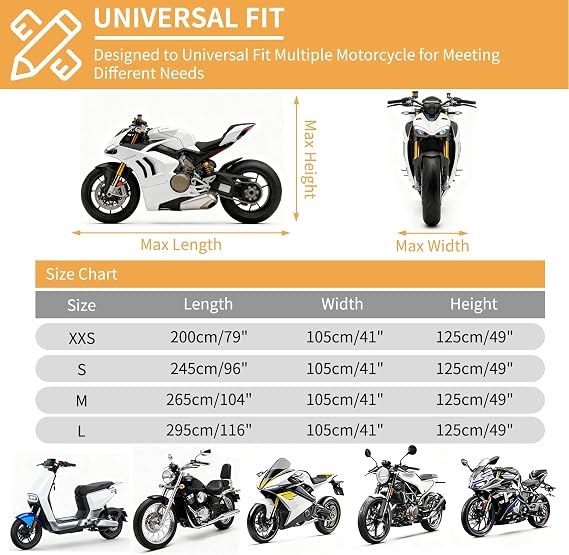 Motorbike Cover Waterproof Outdoor, Heavy Duty 210D Universal Motorcycle Cover Rain UV Dust Resistant with Lock Holes, Reflective Strips and Storage Bag (116 x 41 x 49)