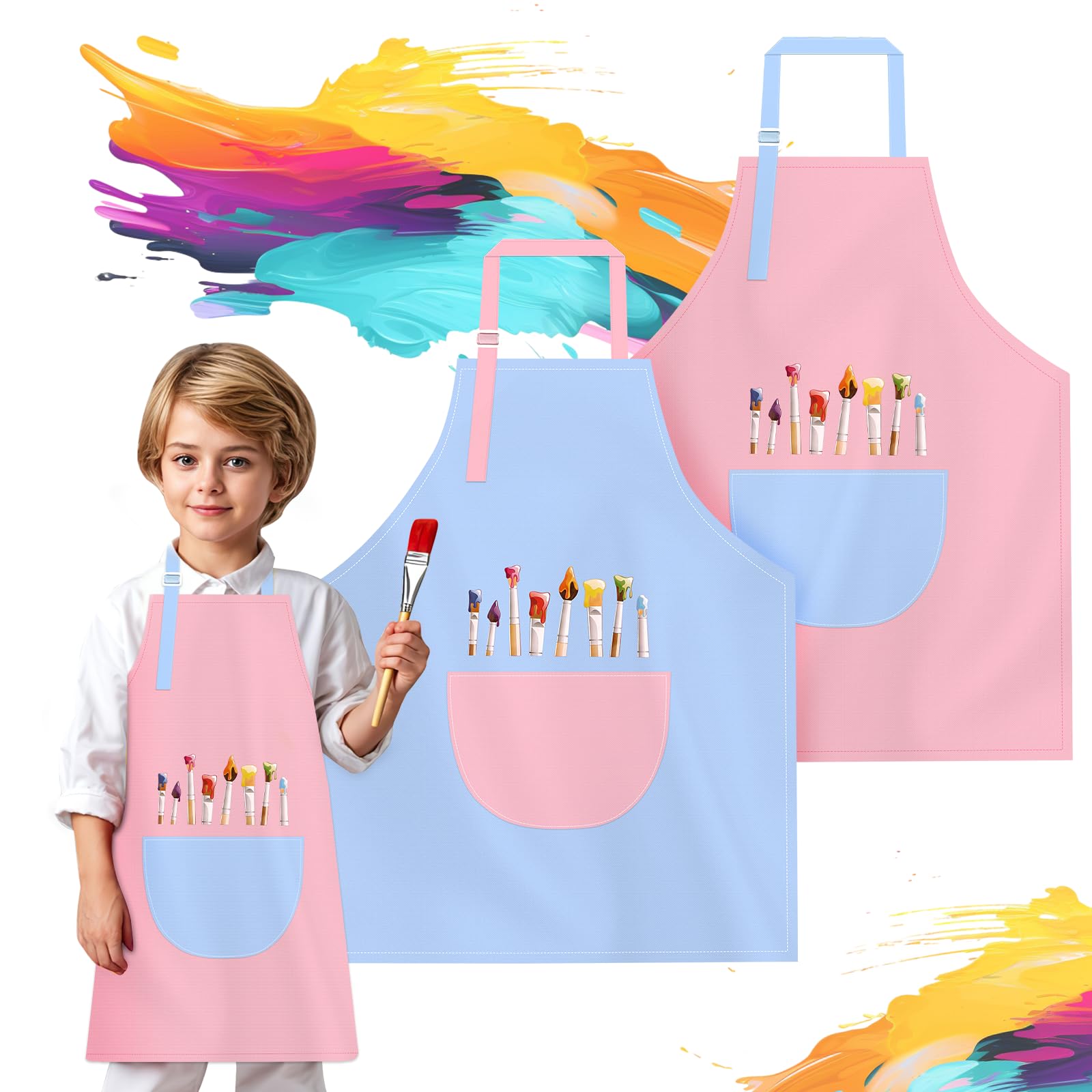 Delantal Pintura Niños, 2 Piezas Delantal Niña con Bolsillo, Delantal De Pintura Para Niños, Ajustable Delantal Infantil, para Manualidades, Cocinar y Dibujar(7-13 Años)