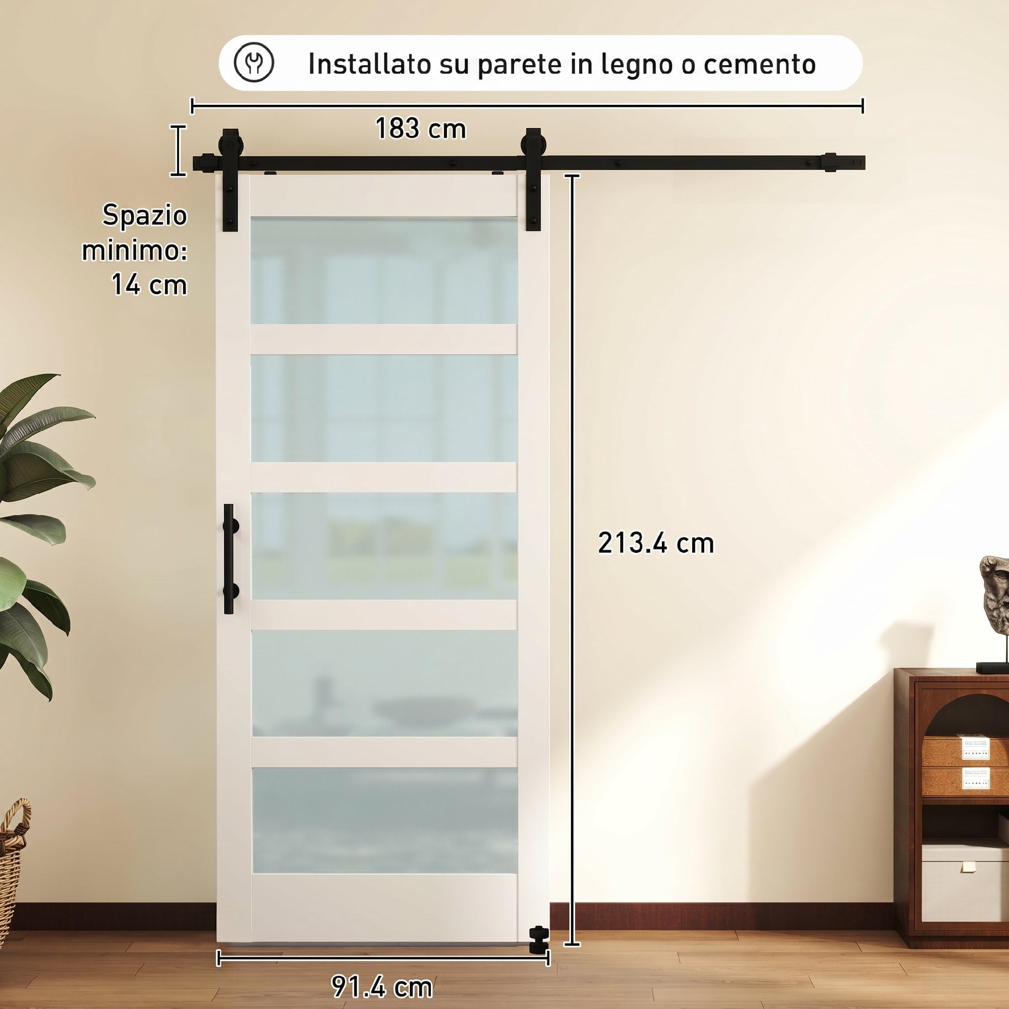 HOMCOM Porta Scorrevole Interno 91.4x213.4cm in Vetro Satinato, MDF e Pino, Binario Silenzioso in Acciaio, Kit Ferramenta, Maniglia Migliorata, Porta da Interno Stile Industriale, Impermeabile, Bagno