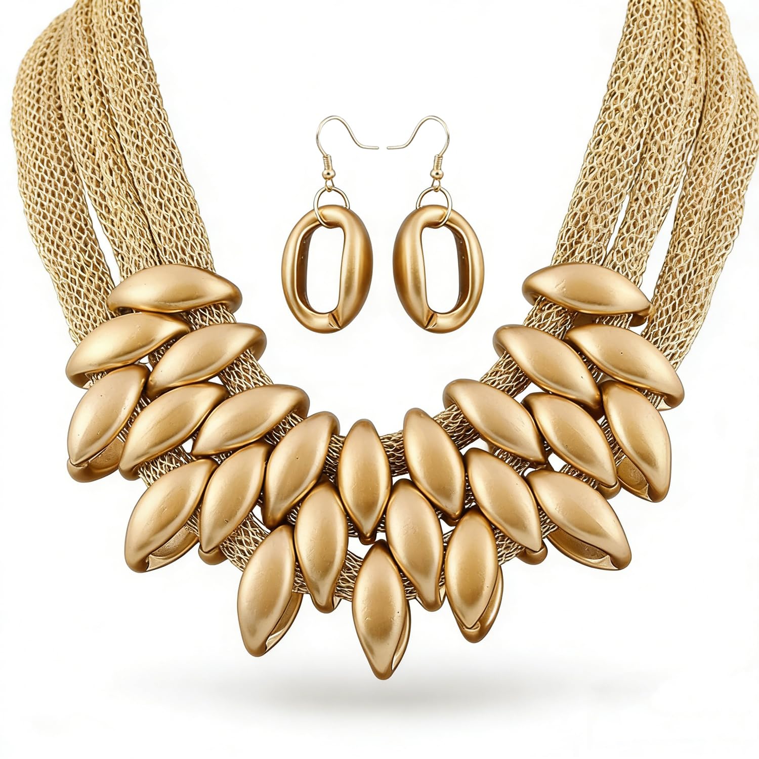 JKJF African Bib Choker Necklaces Earring Sets Chunky Tribal Style Statement Necklace African Layered Collar Necklace for Women - Gold