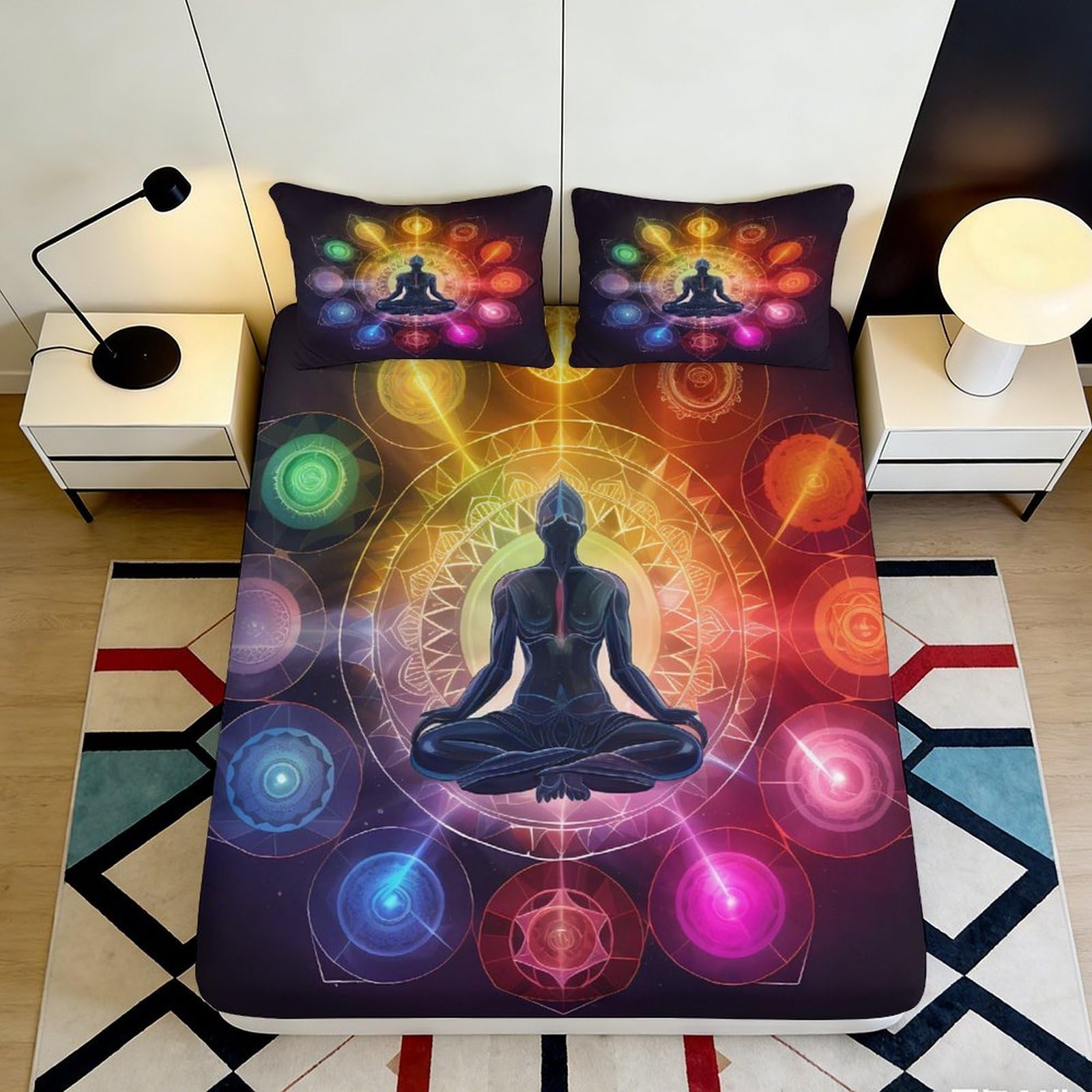3D Printed Chakra Meditation Fitted Sheet Microfiber Soft Vibrant Mandala Bed Cover for Bedroom Dorm Mattress Decor 160x200x25cm