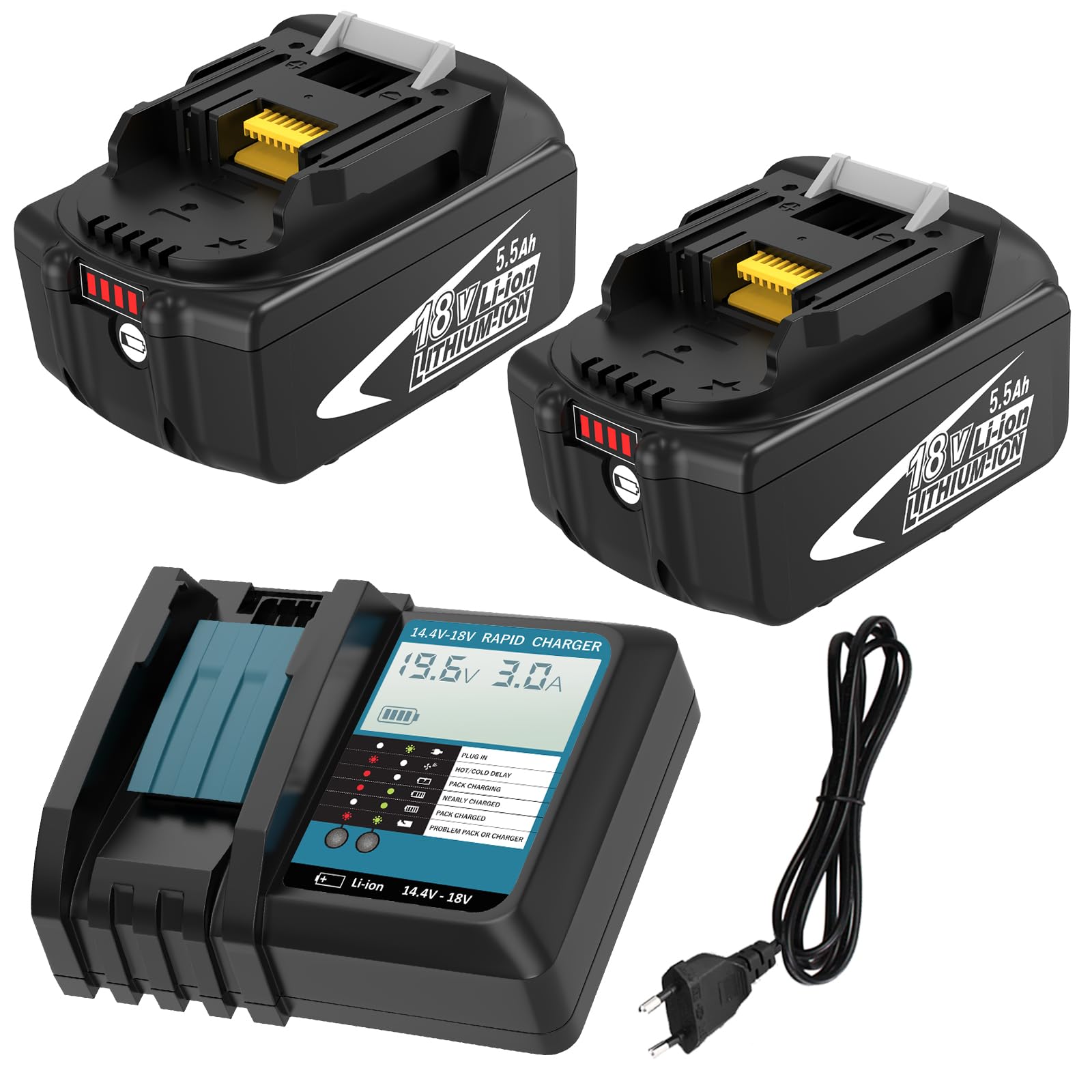 2 Piezas Batería 5,5Ah 18V & DC18RF Cargador LCD para Makita LXT | 5500mAh Li-Ion, Compatible BL1850 BL1860 BL1820 BL1850B BL1830 BL1840 BL1830B, Carga 3A,Para Todo Sistema LXT