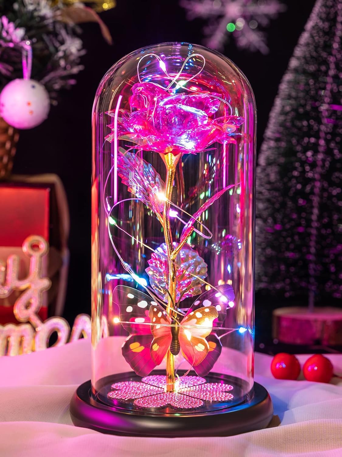Aouppert Eternal Rose in Glass Gifts for Women, Galaxy Pink Rose LED Light