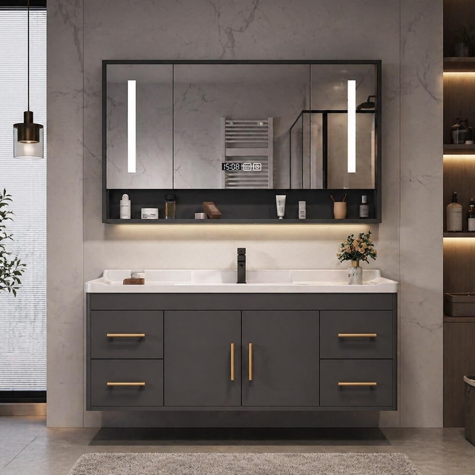 Badmöbel Set mit Waschbecken und Spiegelschrank, Hängender Waschbeckenunterschrank mit Keramikbecken, Modernes Badezimmermöbel Set mit Stauraum für Bad