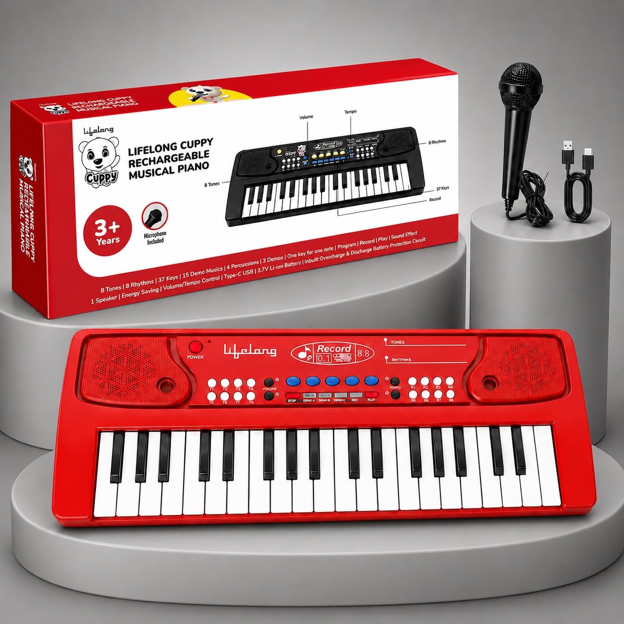Lifelong Wireless Rechargeable Piano Keyboard for Baby & Kids with Mic, Single Speaker, Portable Keyboard Piano, Type C Charging, Long Battery Life Musical Keyboard Gift for 2-8 Yrs (LLCKMP02)-image-8