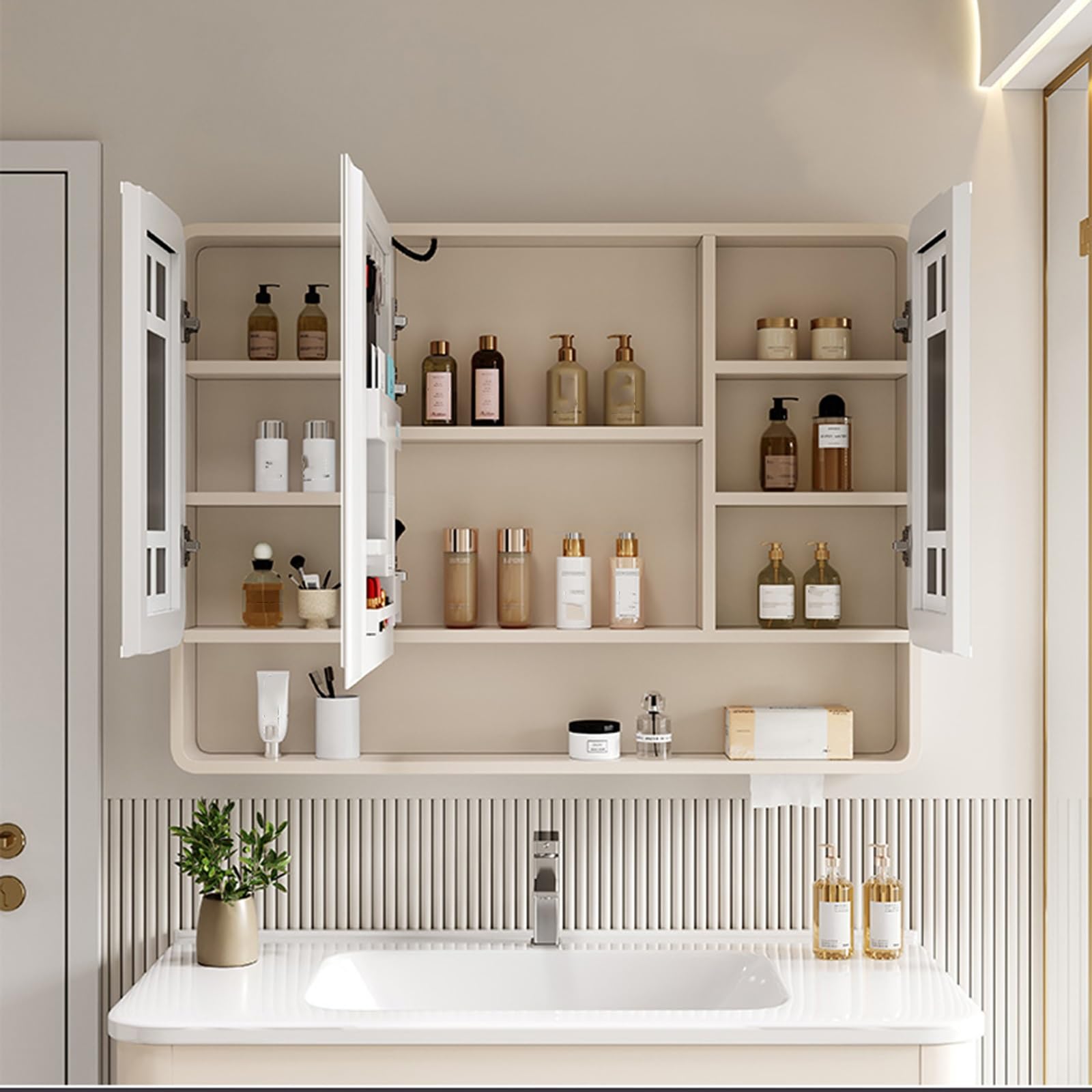 Armario con espejo de baño con luz antivaho, espejo de maquillaje, multifuncional, para almacenamiento de baño, mueble de tocador montado en la pared (60 x 70 cm (ancho x alto x alto)
