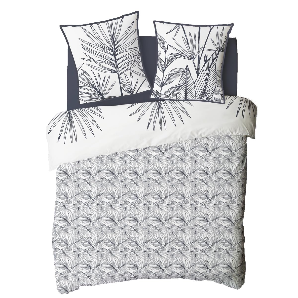Future Home Parure de lit 2 Personnes Orphee en Coton 57 Fils imprimé - Housse de Couette + 2 taies d'oreiller 63x63cm - Finition Boutons - Réversible - Certifié Oeko-TEX Blanc 260x240cm