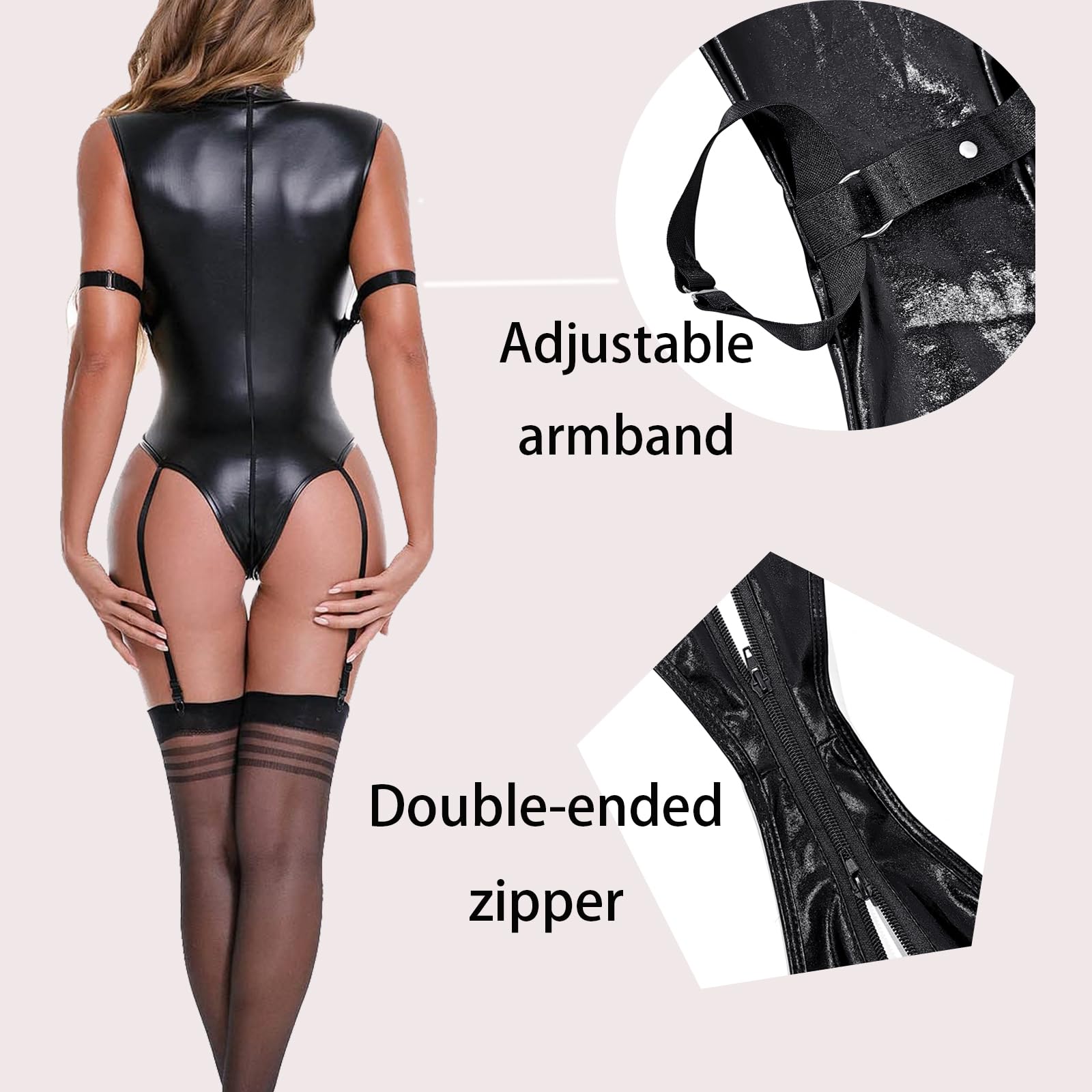 MIZSPISE Body Femme Cuir Fermeture Éclair Tenue Sexy Ensemble Porte Jarretelle Lingerie Catsuit Club Disco Party Nuit Vêtements Latex Combinaison Cosplay Carnaval Halloween avec Collant