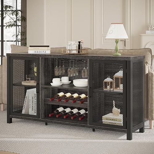 Miniatura 34 de Launica Gabinete de bar de vino negro, gabinete de barra de café con almacenamiento, gabinetes de buffet de cocina de granja con estante para café