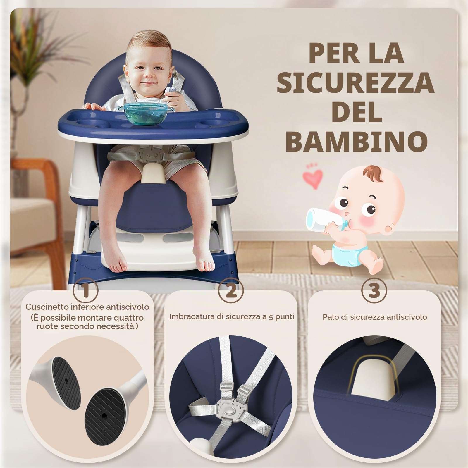 Seggiolone pieghevole 4in1, Reclinabile e regolabile in altezza, con vassoio estraibile e rotelle, Seggiolone regolabile con cintura a 5 punti, Blu
