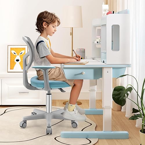 Miniatura 37 de Giantex Silla de escritorio para niños, silla de computadora para niños con ruedas y soporte lumbar en forma de Y, asiento de estudio para niños,