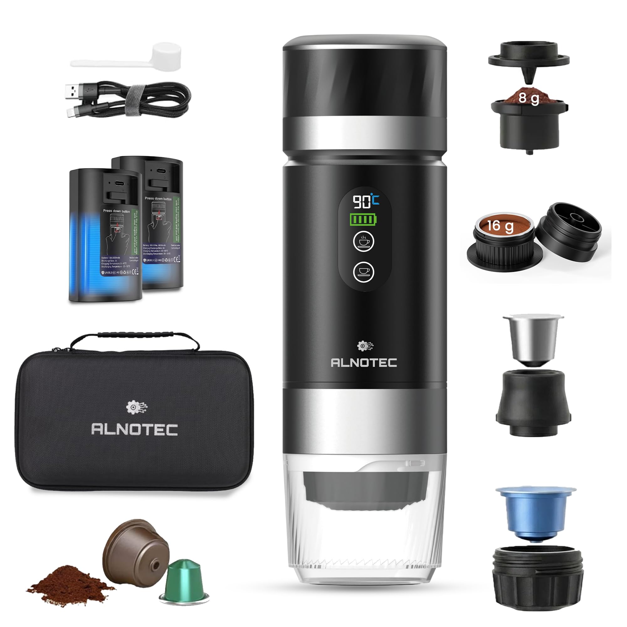 Cafetera portátil (20 barras, recargable), 2 baterías extraíbles incluidas, cafetera portátil, autoclave, compatible con cápsulas NES, DG y café molido, incluye funda de transporte.