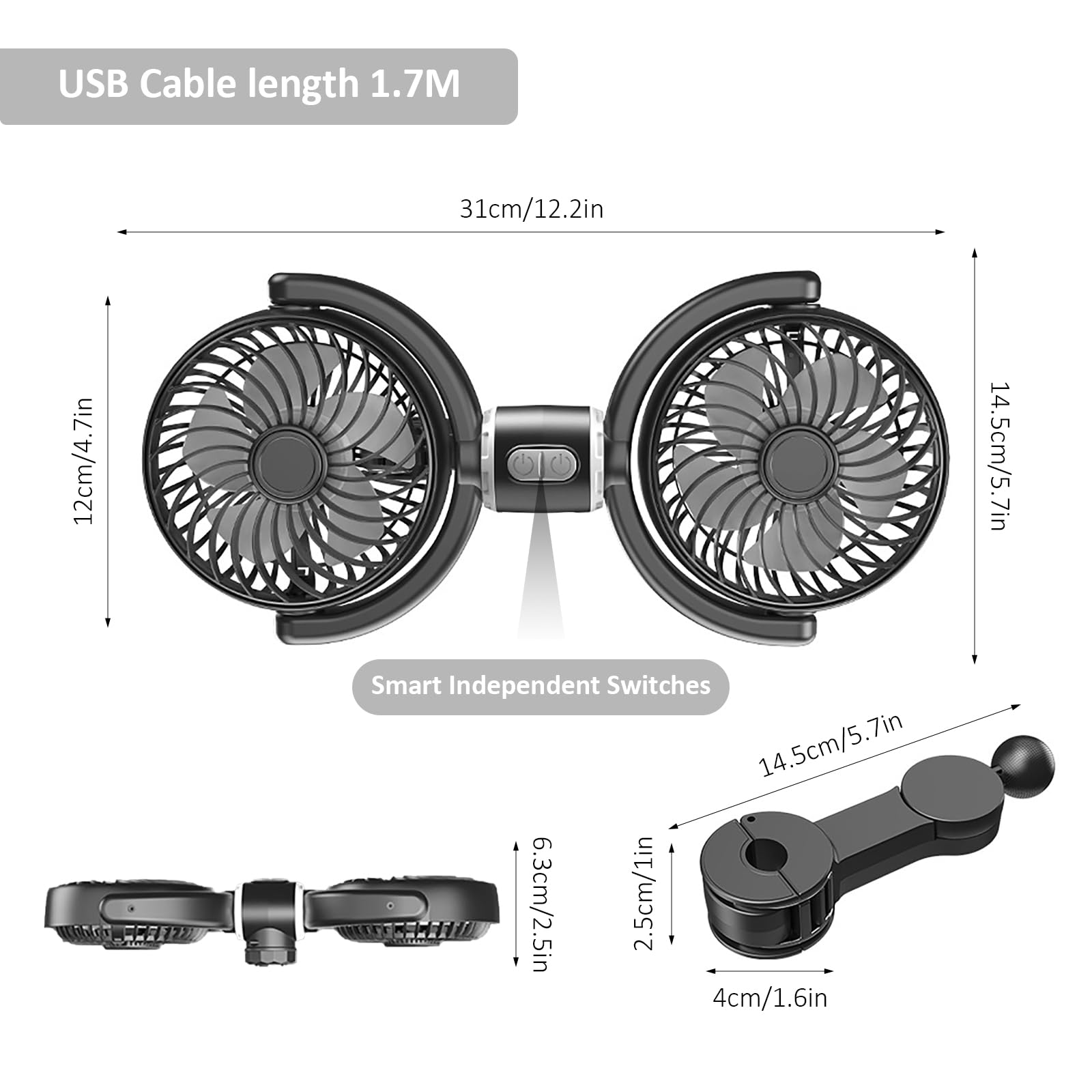 MeYuxg Wentylator samochodowy na tylne siedzenie, regulowana podwójna głowica, wentylatory chłodzące USB z 3 prędkościami, przenośne wentylatory do samochodów, ciężarówek i kamperów