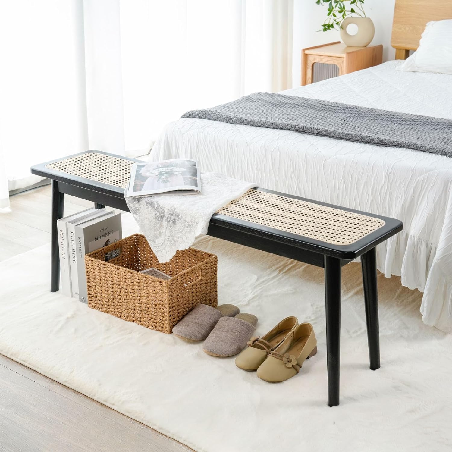 Entryway Bench, Solid Wood Dining Bench, Midcentury Modern End of Bed Bench with Rattan Woven Top for Bedroom, Kitchen, Entry Way, 47.2" L x 11.2" W x 17.7" H, Natural