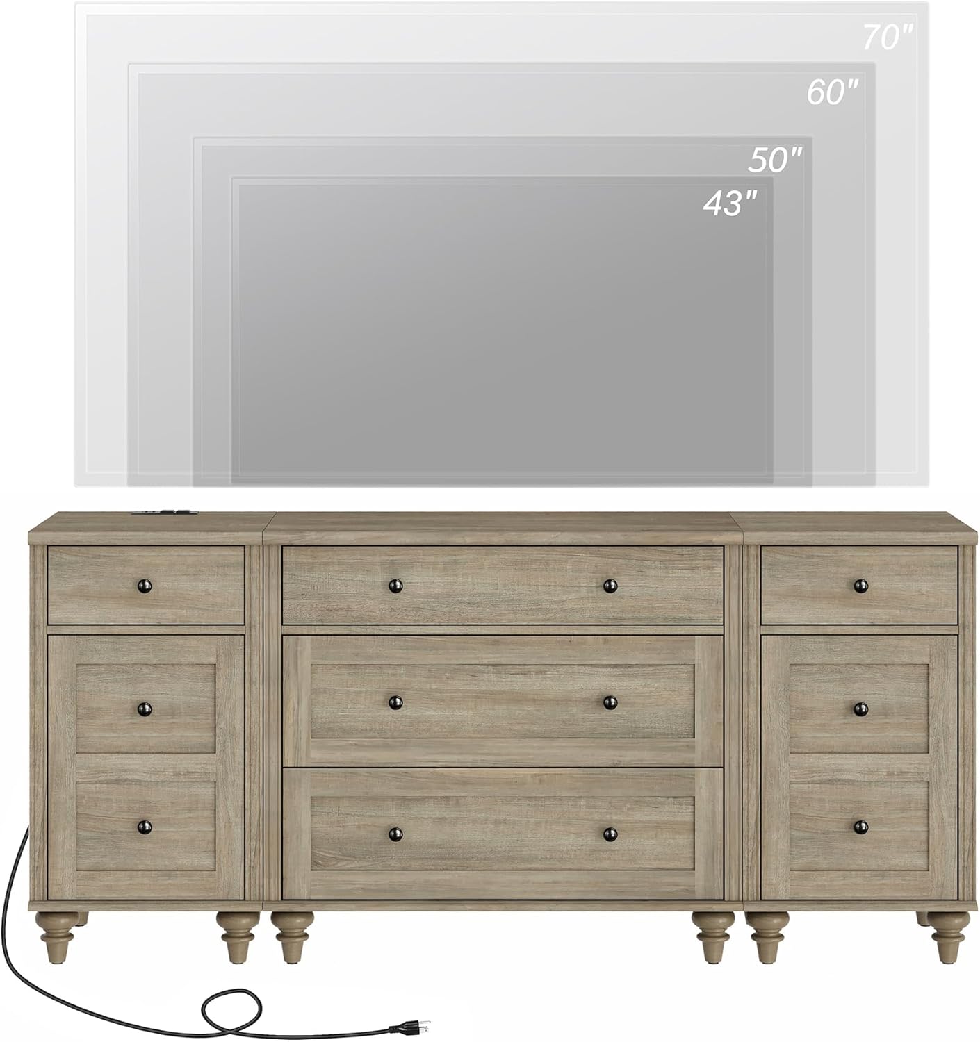 WAMPAT Modern TV Stand for 75 Inch TV, Wood Dresser with 5 Drawers and 2 Doors, Nightstands with Charging Station for Living Room Wood TV Console Table for 70 65 80 inch TV for Bedroom, Wash Grey