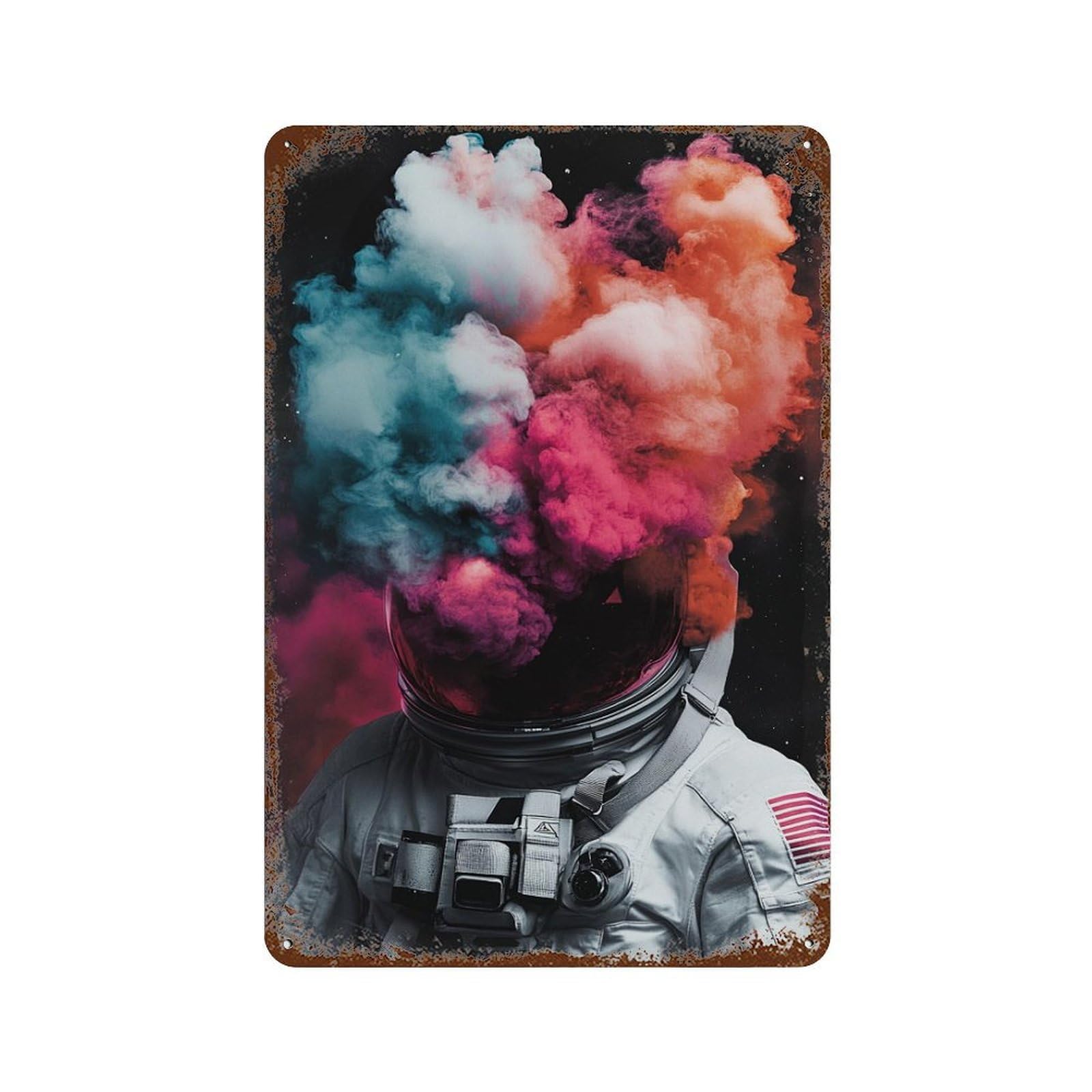 Colorful Smoke Astronaut Art 11.8"x7.9" Weathered Tin Sign, Shabby Chic Decor for Farmhouse, Kitchen And Entryway Decor