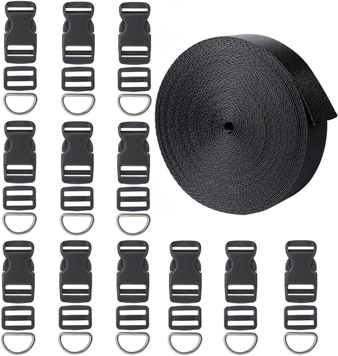 12 Yards Black Nylon Heavy Webbing Straps with 12 Set Plastic 1 Inch Flat Side Release Buckles, Tri-Glide Slides and D Rings for DIY Making Luggage Strap, Pet Collar, Backpack Repairing
