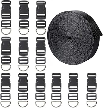 12 Yards Black Nylon Heavy Webbing Straps with 12 Set Plastic 1 Inch Flat Side Release Buckles, Tri-Glide Slides and D Rings for DIY Making Luggage Strap, Pet Collar, Backpack Repairing