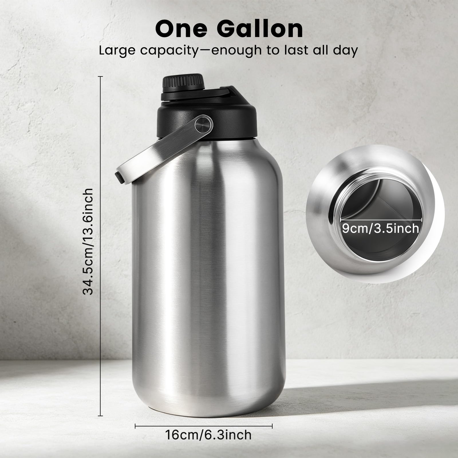 Kerilyn Borraccia termica con bocca larga, in acciaio inox da 3,6 litri, per bevande calde e fredde, grande bottiglia d'acqua con manico, grande brocca d'acqua per sport, viaggi