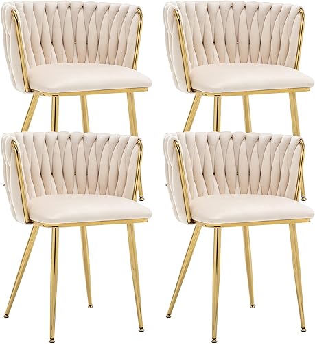 Kiztir Juego de 4 sillas de comedor de terciopelo modernas tapizadas con respaldo tejido y patas de metal dorado para sala de estar, dormitorio,