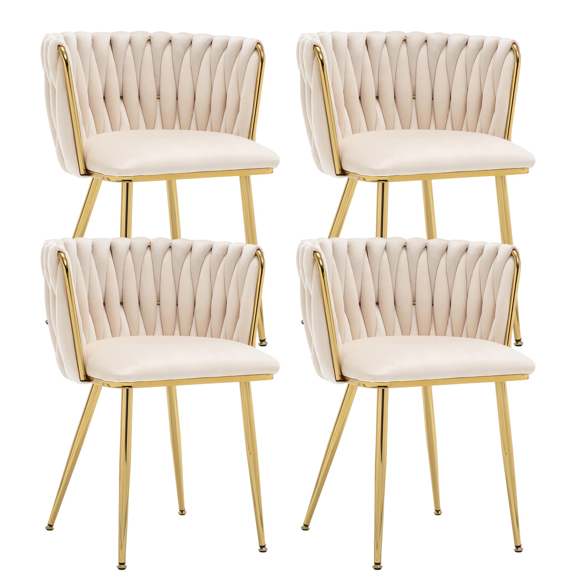 Kiztir Velvet Dining Chairs Set of 4 Upholstered Modern Dining Room Chairs with Woven Back and Gold Metal Legs for Living Room, Bedroom, Kitchen (Beige)