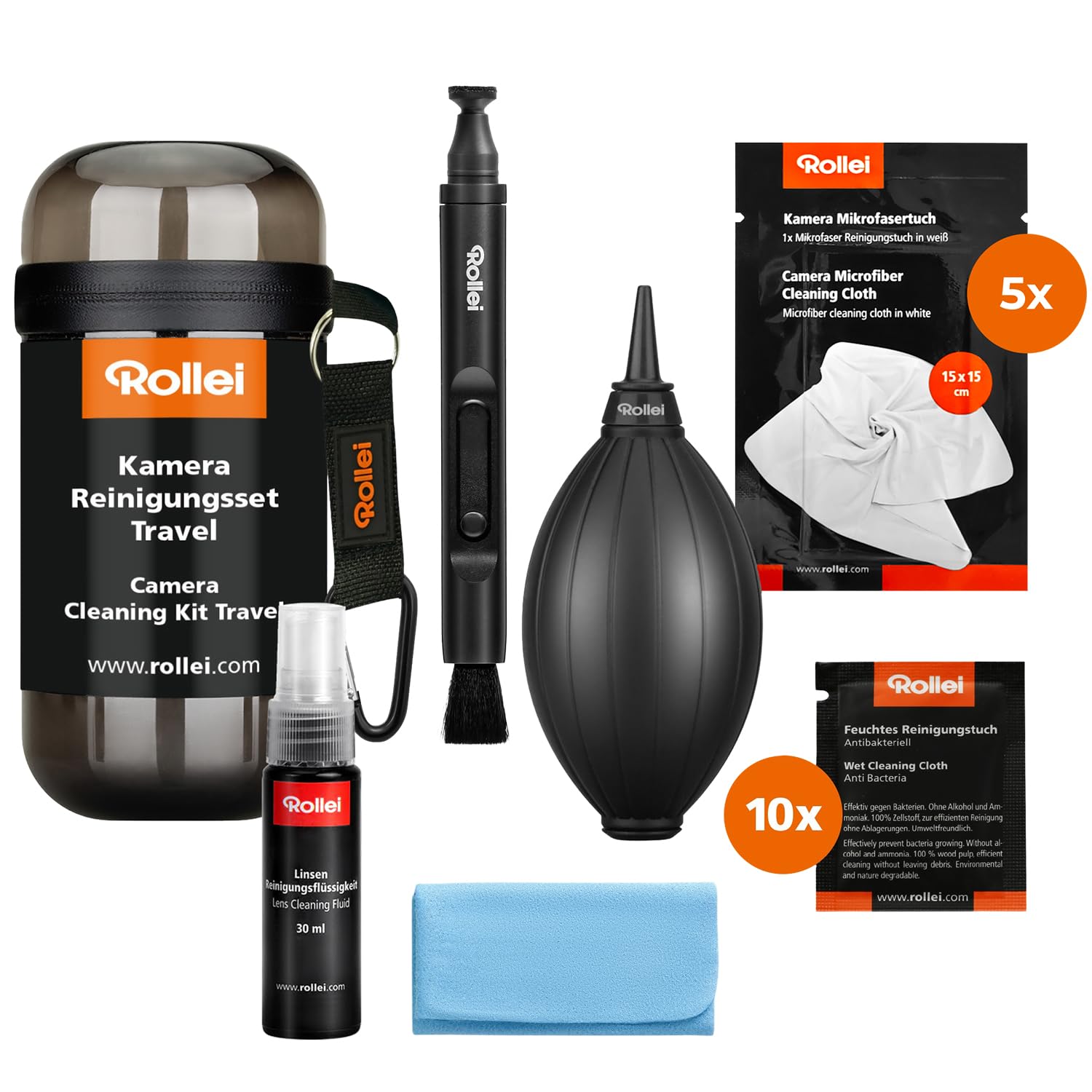 Kit Nettoyage Appareil Photo Voyage, Rollei 7 en 1 Kit de Nettoyage Appareil Photo Reflex avec Lenspen/Soufflette Photo/Chiffons/Liquide Objectif Accessoire Photo de Nettoyage pour Nikon Sony Canon