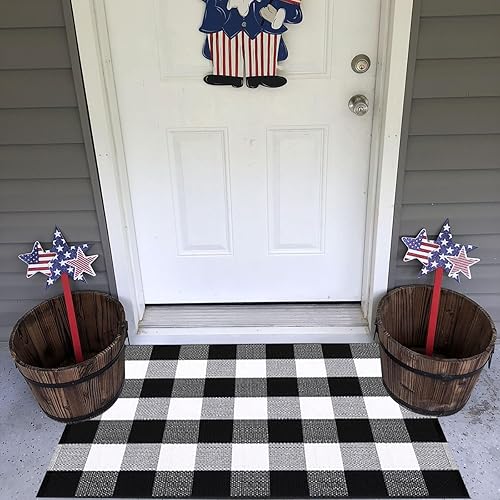 Miniatura 9 de CAINANEL - Tapete estampado con cuadros escoceses en blanco y negro, de algodón y tejido a mano, para colocar con un tapete de bienvenida en la