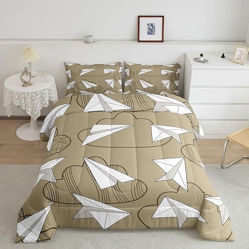 Cartoon Paper Plane Bedding Set Full Size,Hand Drawn Style Comforter Set for Kid